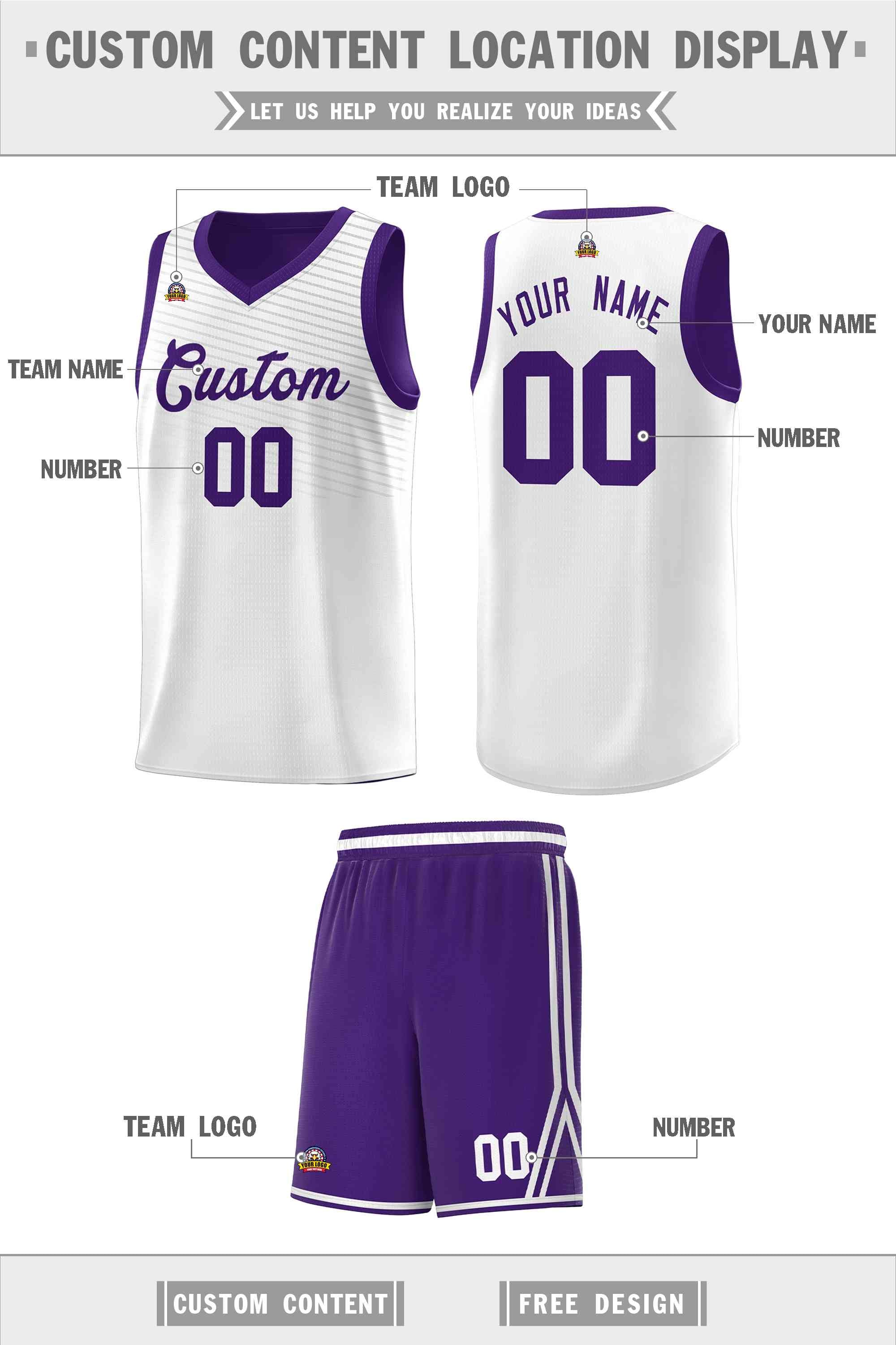 Custom White Purple Chest Slash Patttern Sports Uniform Basketball Jersey