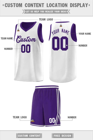 Custom White Purple Chest Slash Patttern Sports Uniform Basketball Jersey