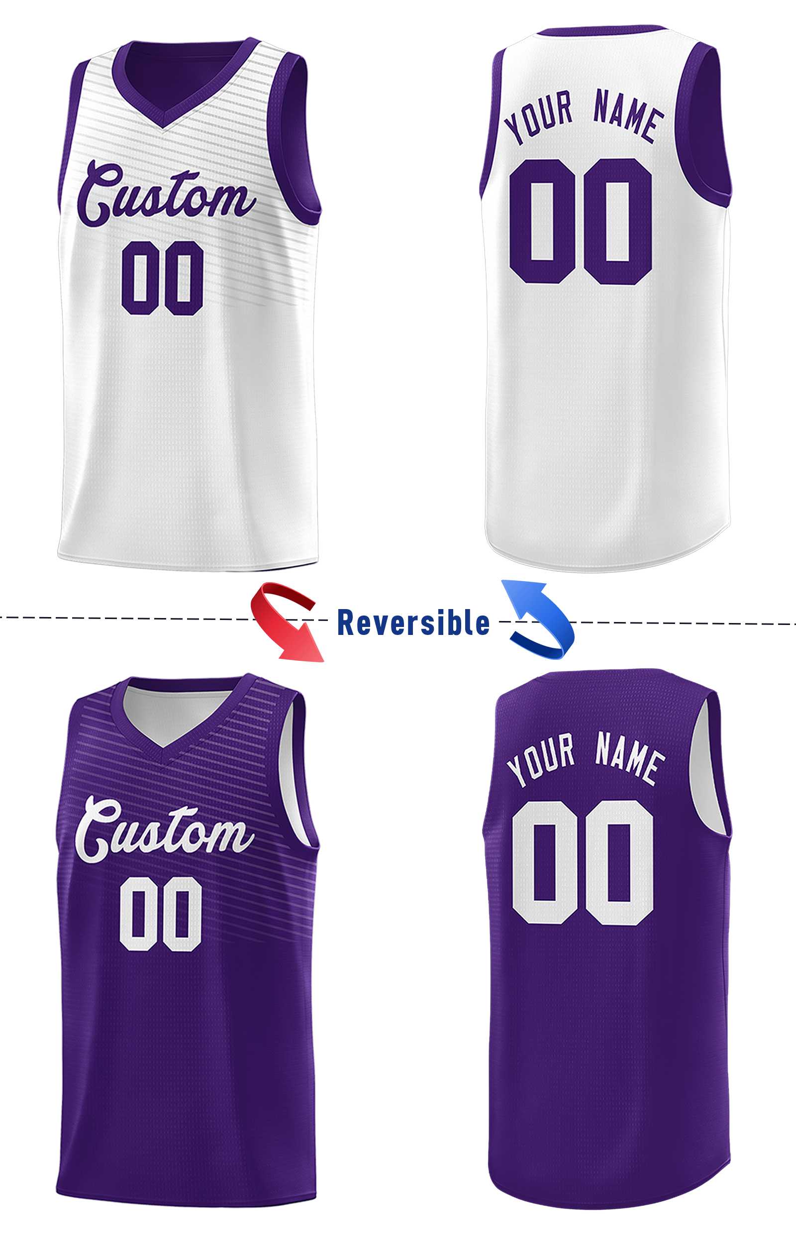 Custom Purple White Chest Slash Patttern Double Side Sports Uniform Basketball Jersey