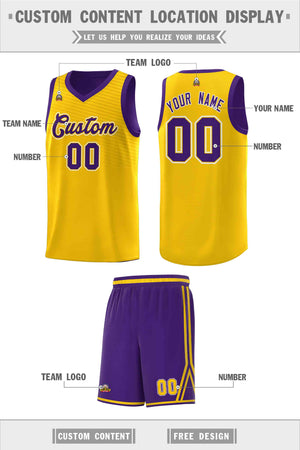 Custom Gold Purple Chest Slash Patttern Sports Uniform Basketball Jersey