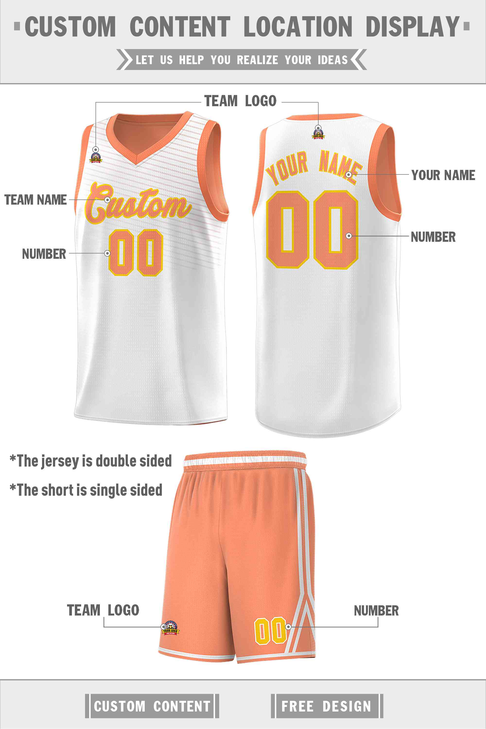 Custom Light Orange White Chest Slash Patttern Double Side Sports Uniform Basketball Jersey