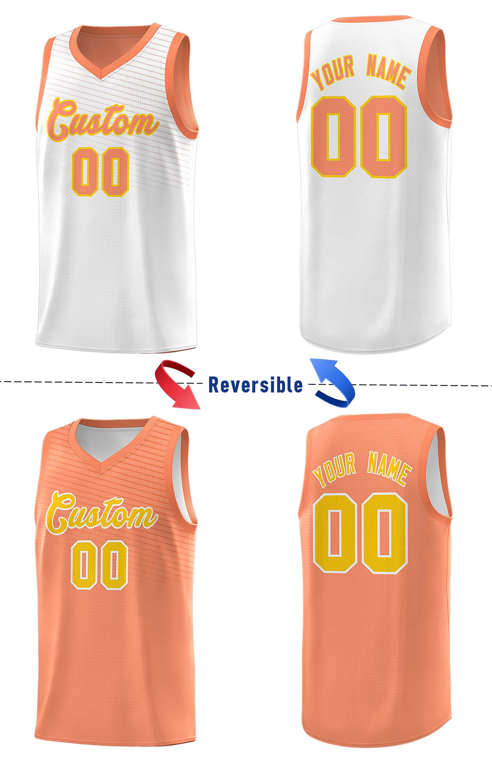 Custom Light Orange White Chest Slash Patttern Double Side Sports Uniform Basketball Jersey