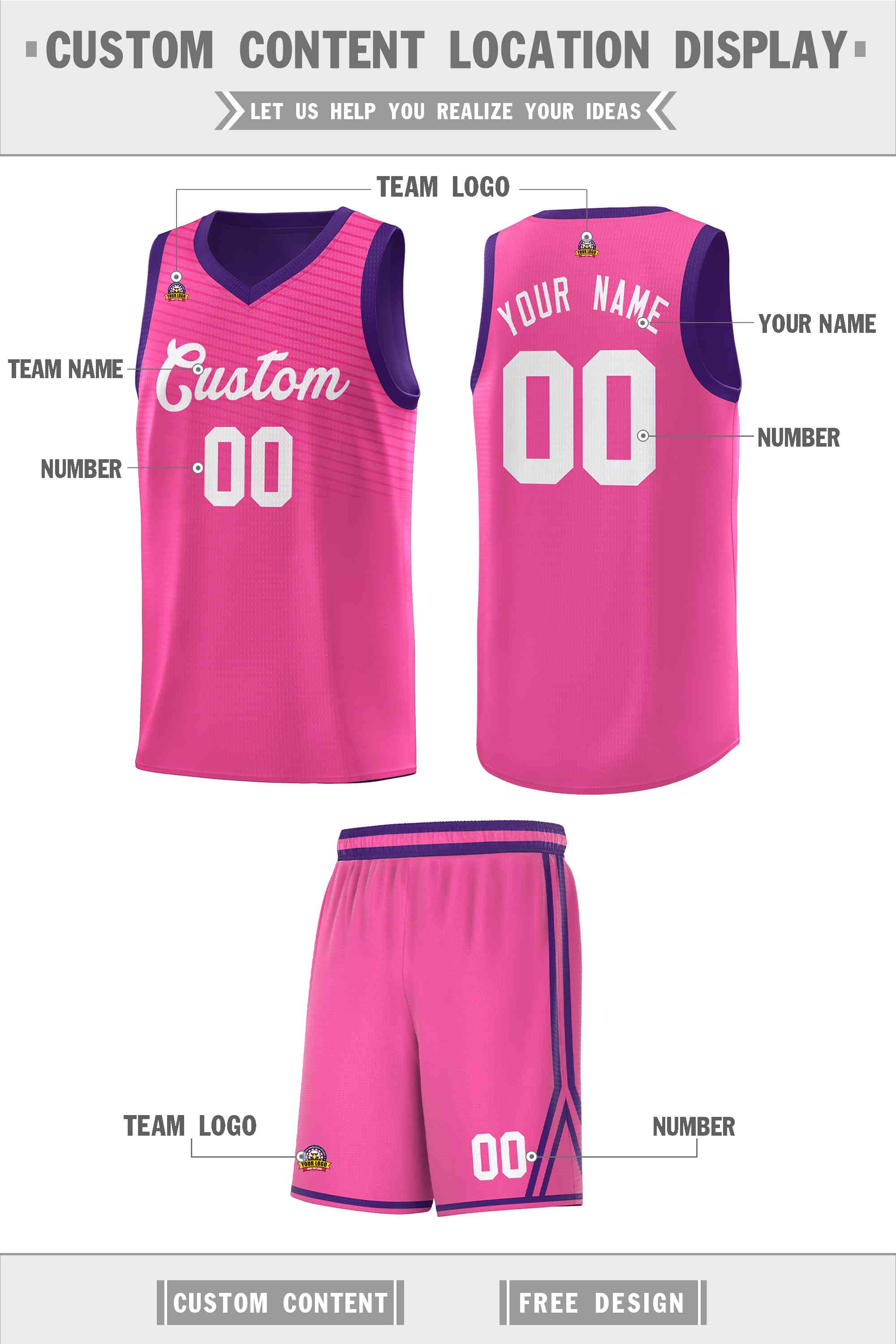 Custom Pink Purple Chest Slash Patttern Sports Uniform Basketball Jersey