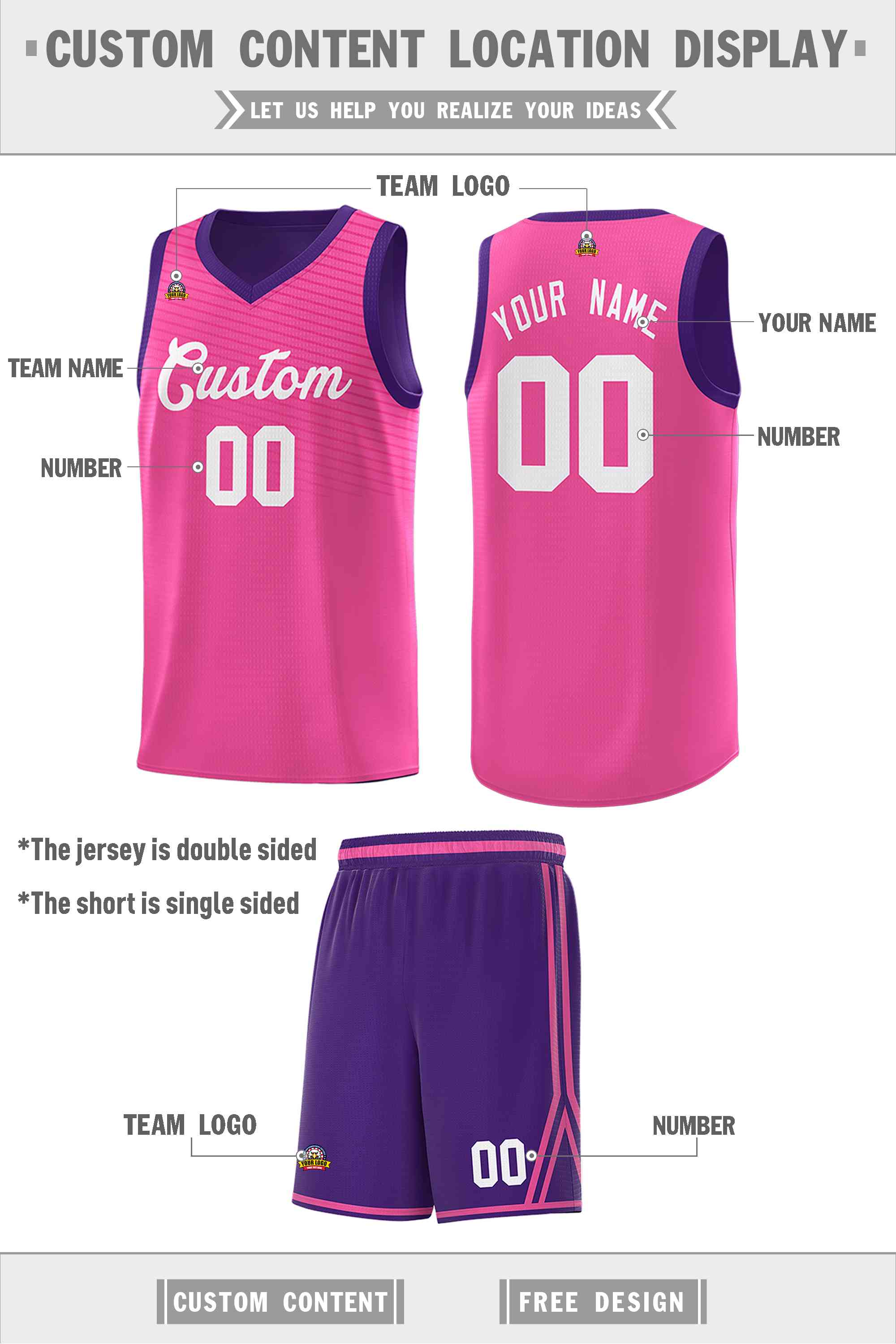 Custom Purple Pink Chest Slash Patttern Double Side Sports Uniform Basketball Jersey