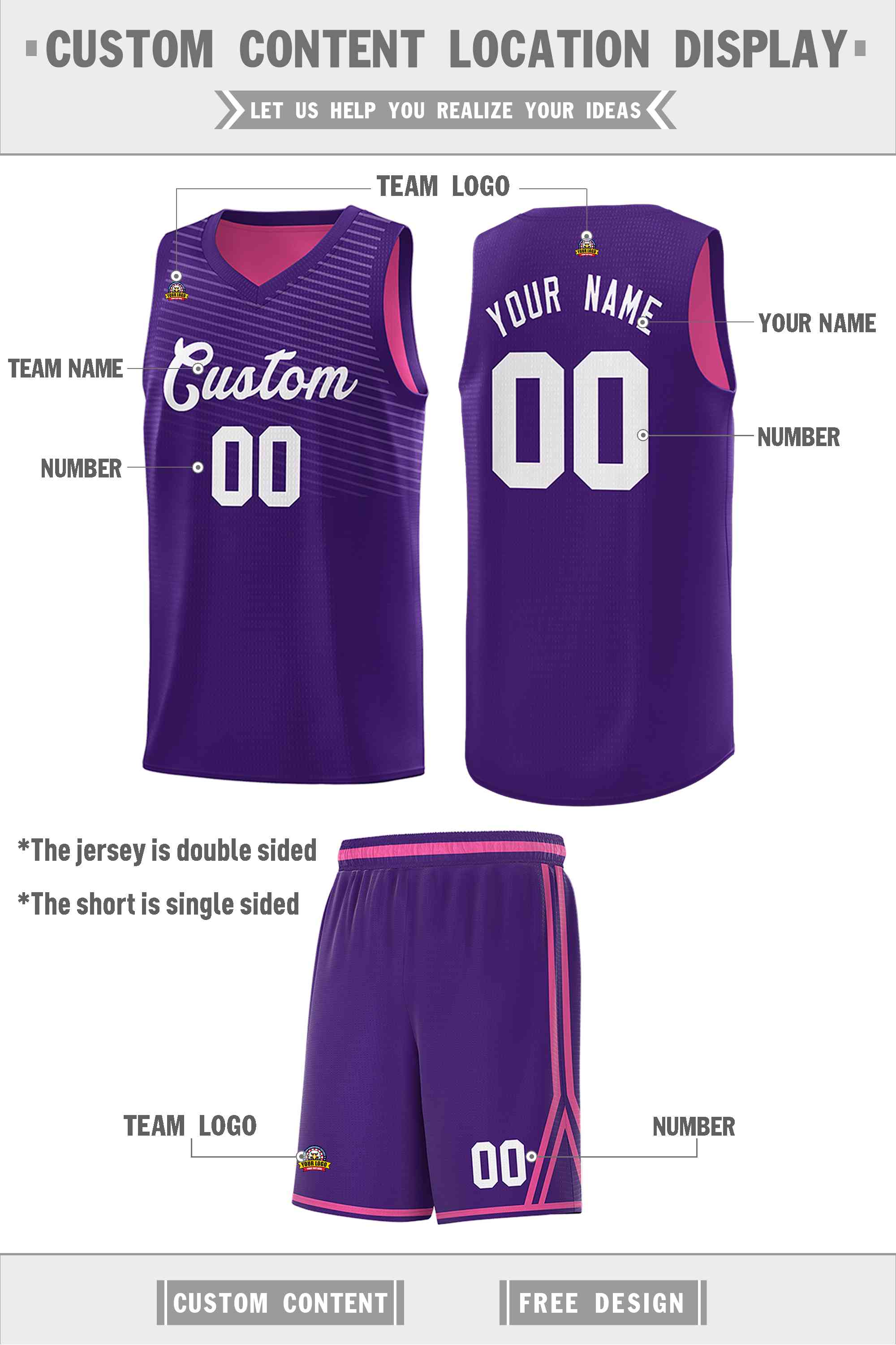 Custom Purple Pink Chest Slash Patttern Double Side Sports Uniform Basketball Jersey