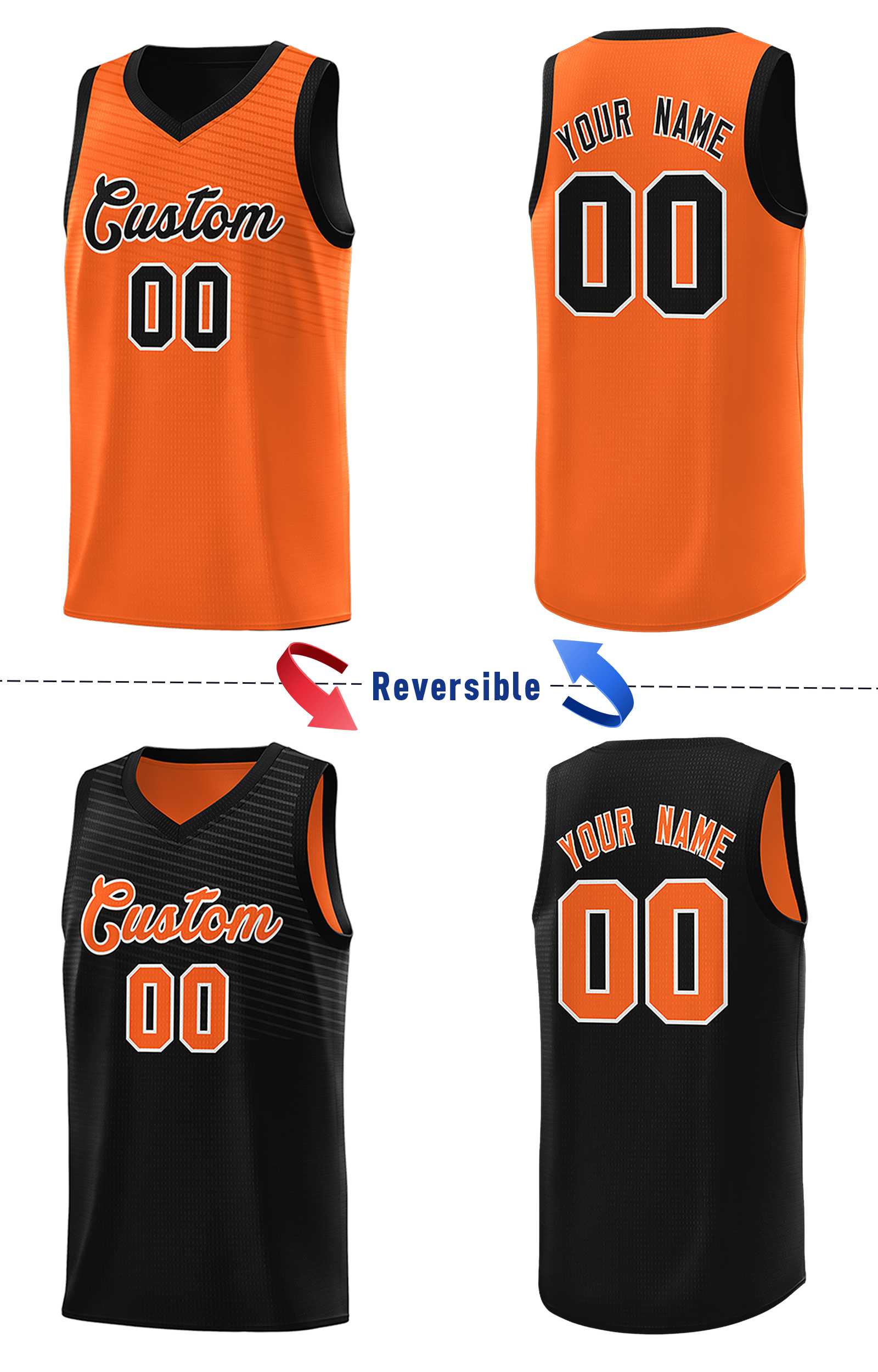 Custom Black Orange Chest Slash Patttern Double Side Sports Uniform Basketball Jersey