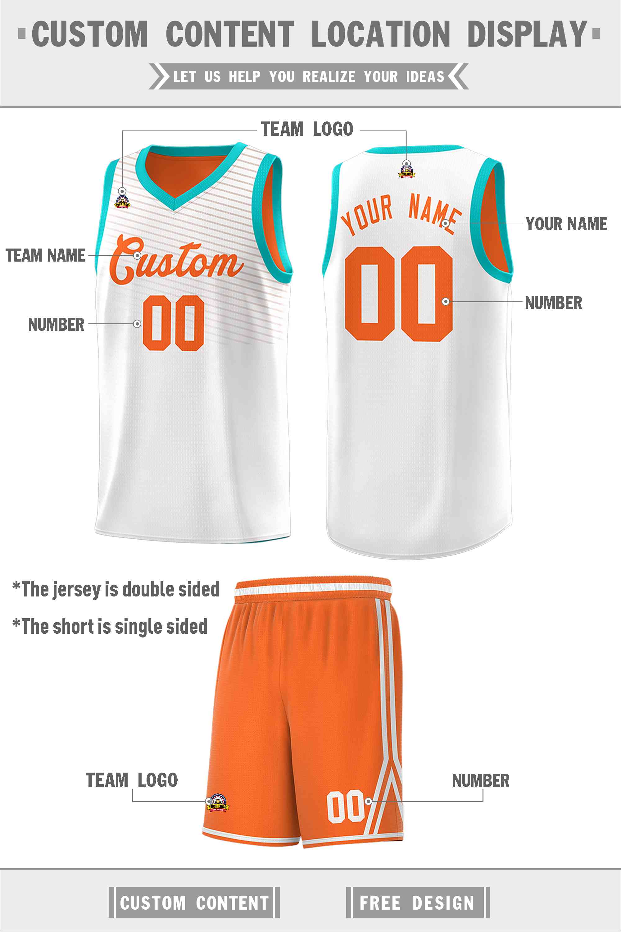 Custom Orange White Chest Slash Patttern Double Side Sports Uniform Basketball Jersey