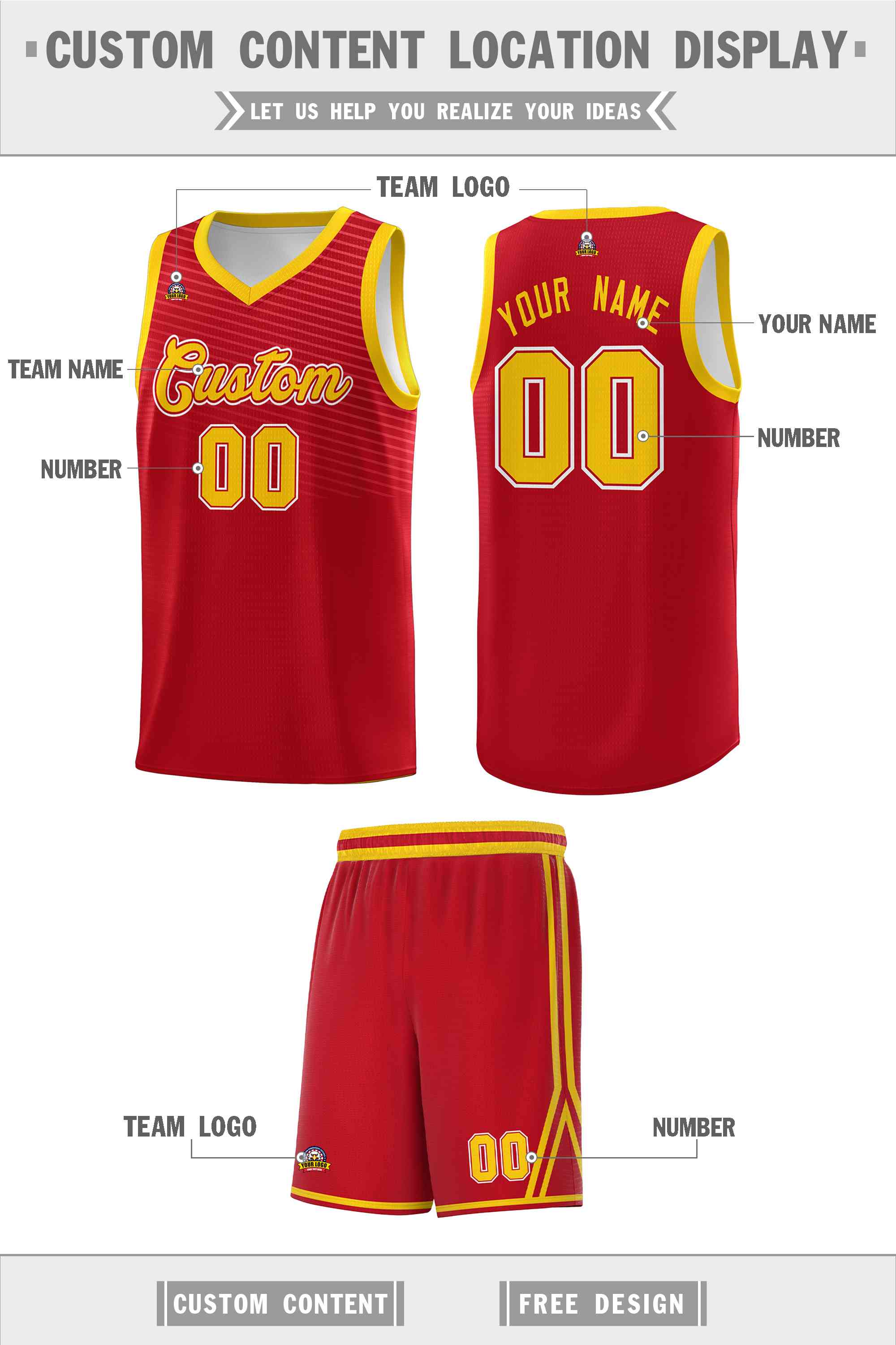 Custom Red Gold Chest Slash Patttern Sports Uniform Basketball Jersey