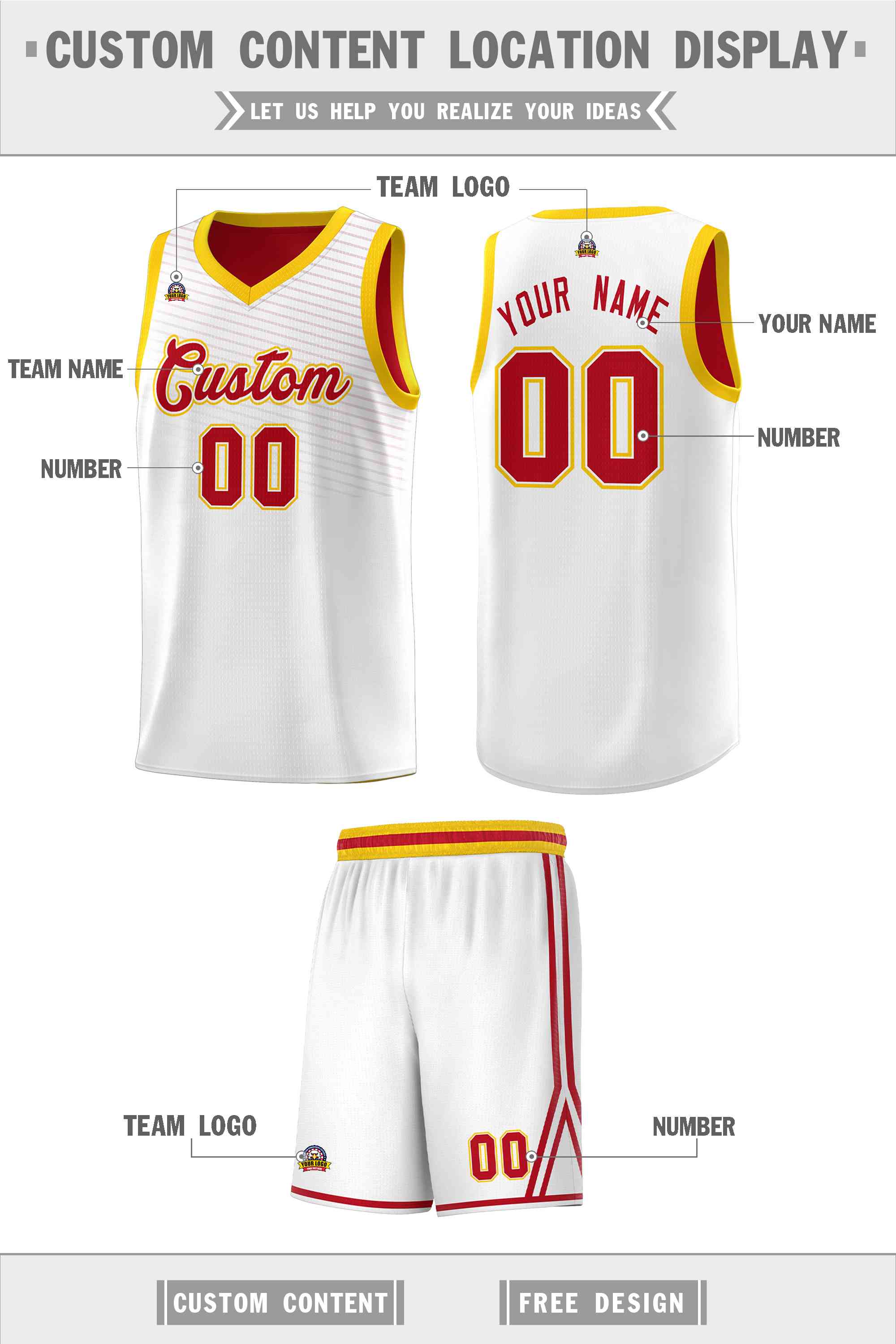 Custom White Red Chest Slash Patttern Sports Uniform Basketball Jersey