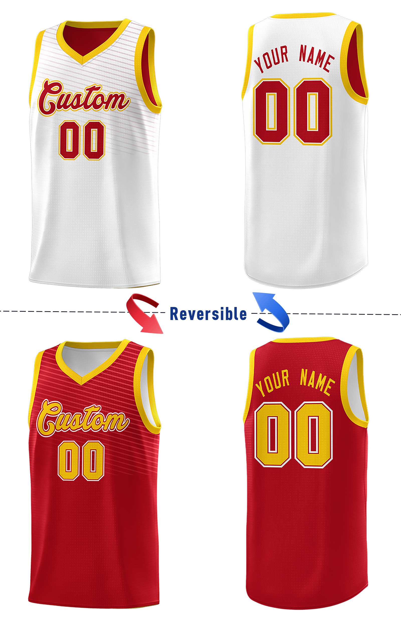 Custom Red White Chest Slash Patttern Double Side Sports Uniform Basketball Jersey