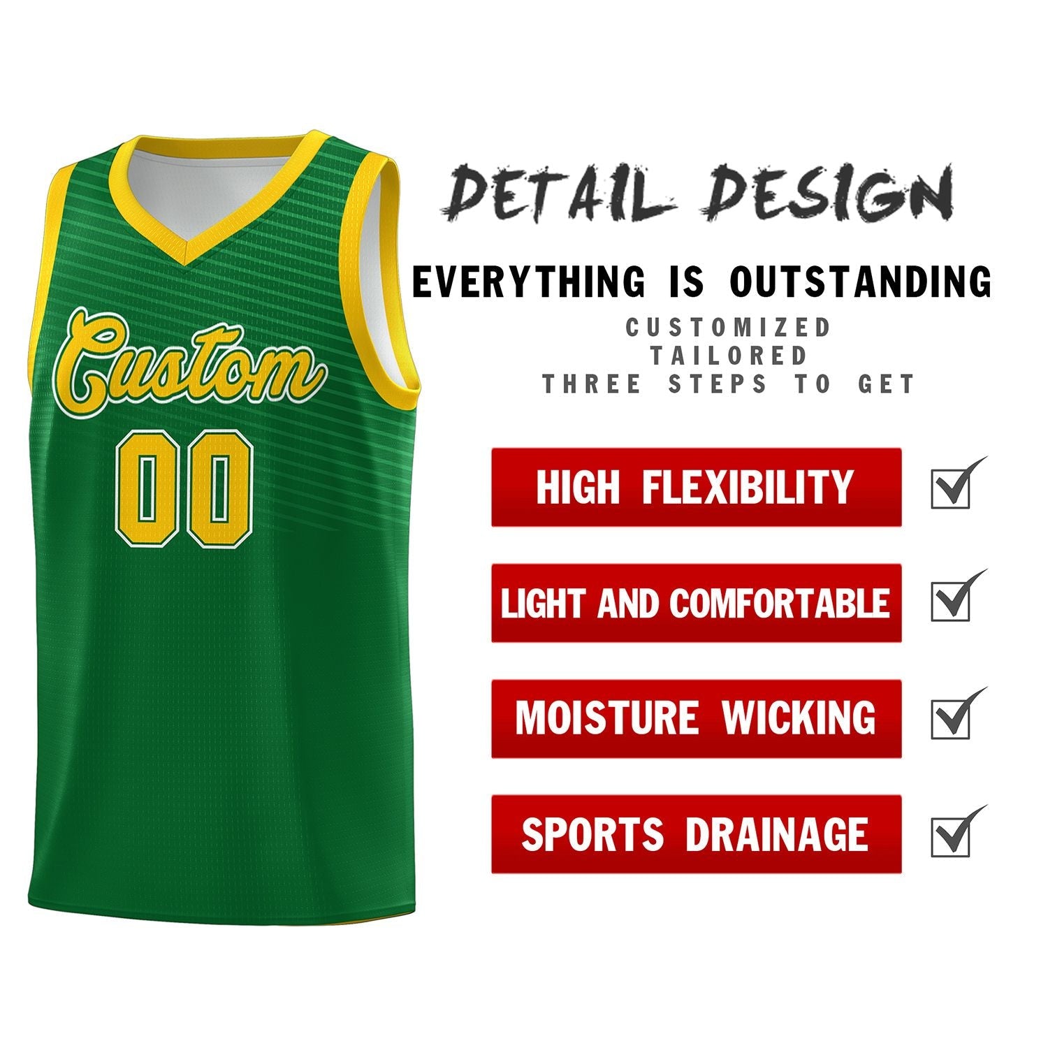 Custom Kelly Green Gold Chest Slash Patttern Sports Uniform Basketball Jersey