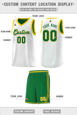 Custom White Kelly Green Chest Slash Patttern Sports Uniform Basketball Jersey