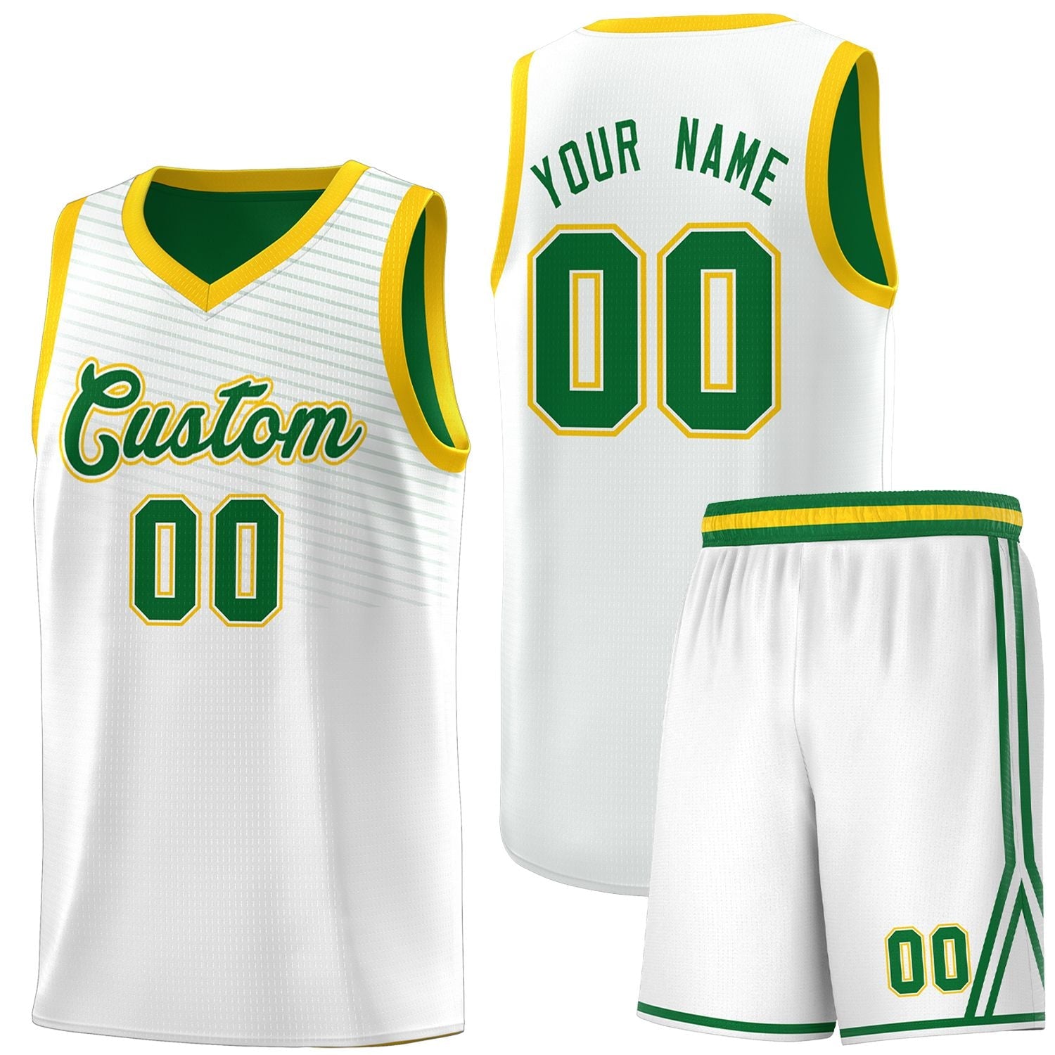 Custom White Kelly Green Chest Slash Patttern Sports Uniform Basketball Jersey