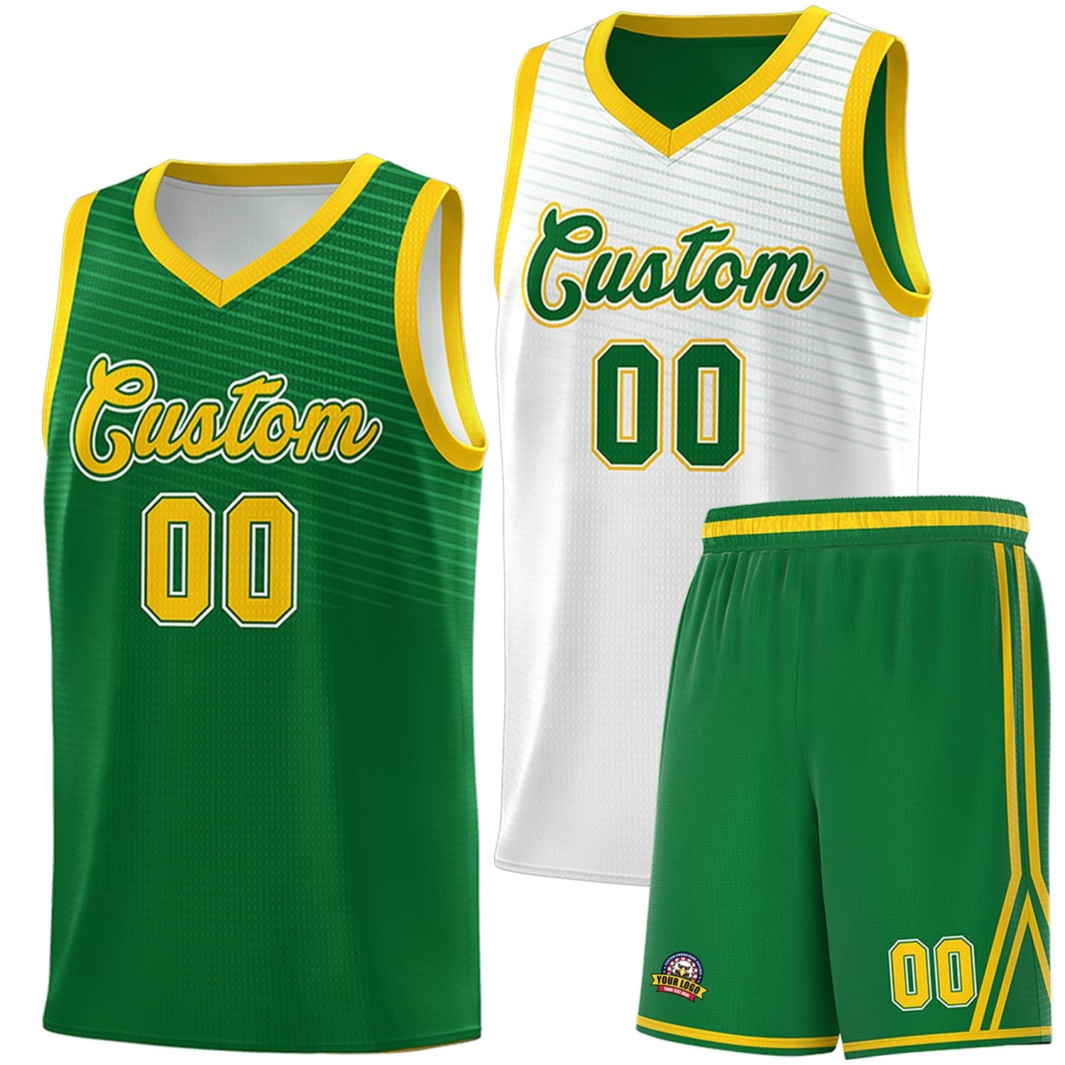 Custom Kelly Green White Chest Slash Patttern Double Side Sports Uniform Basketball Jersey