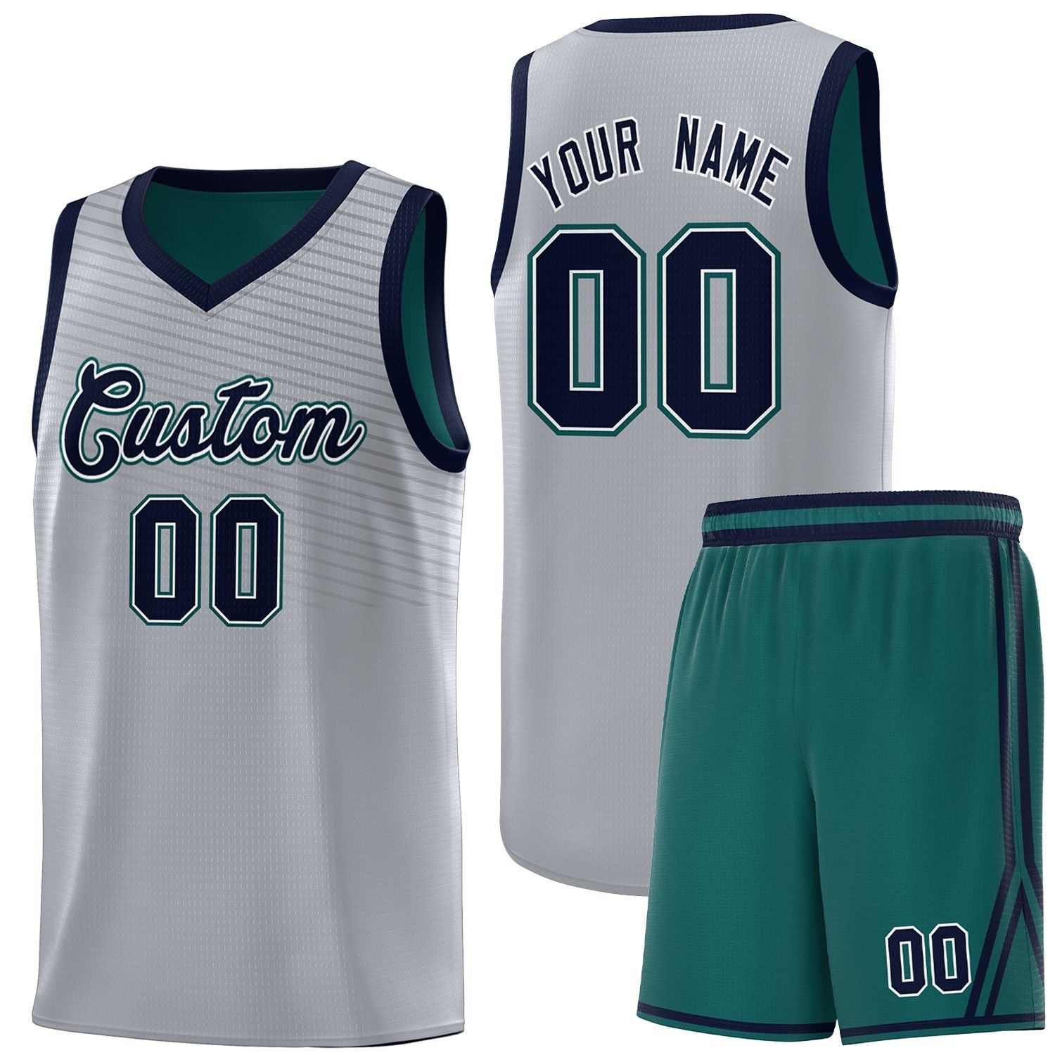 Custom Gray Midnight Green Chest Slash Patttern Sports Uniform Basketball Jersey