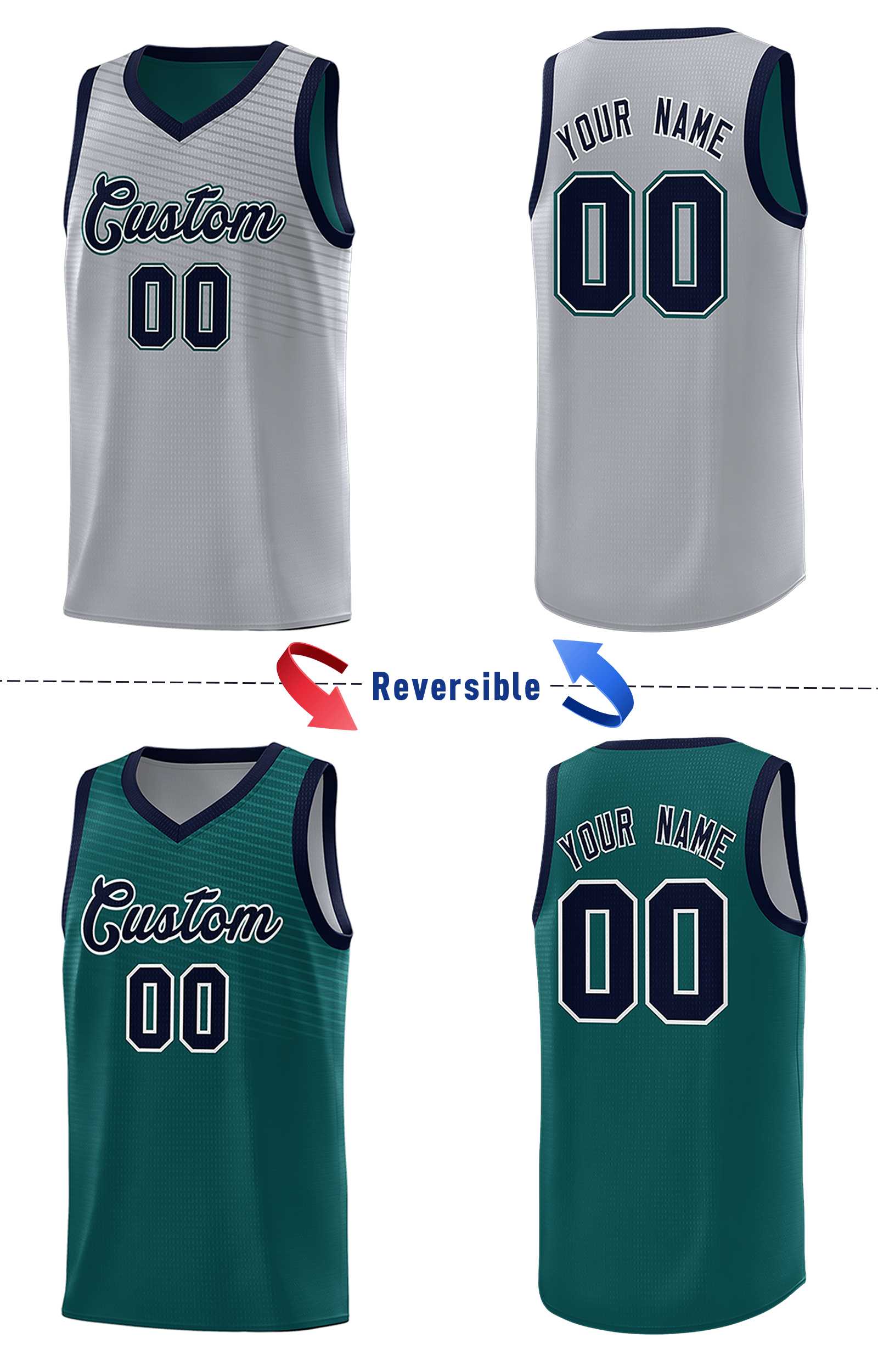 Custom Midnight Green Gray Chest Slash Patttern Double Side Sports Uniform Basketball Jersey