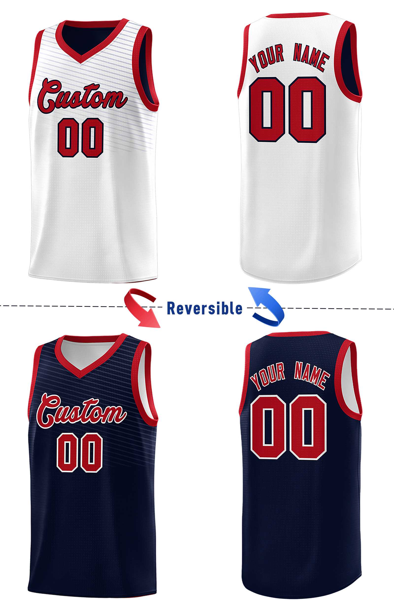 Custom Navy White Chest Slash Patttern Double Side Sports Uniform Basketball Jersey