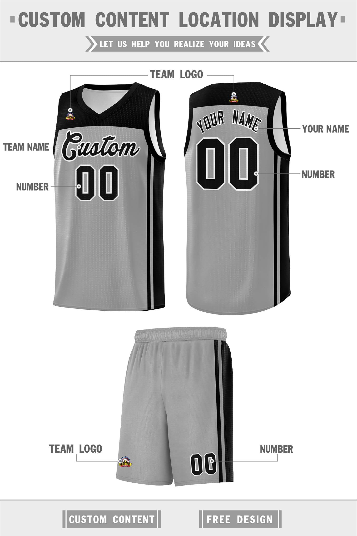 Custom Grey Black Classic Sets Sports Uniform Basketball Jersey