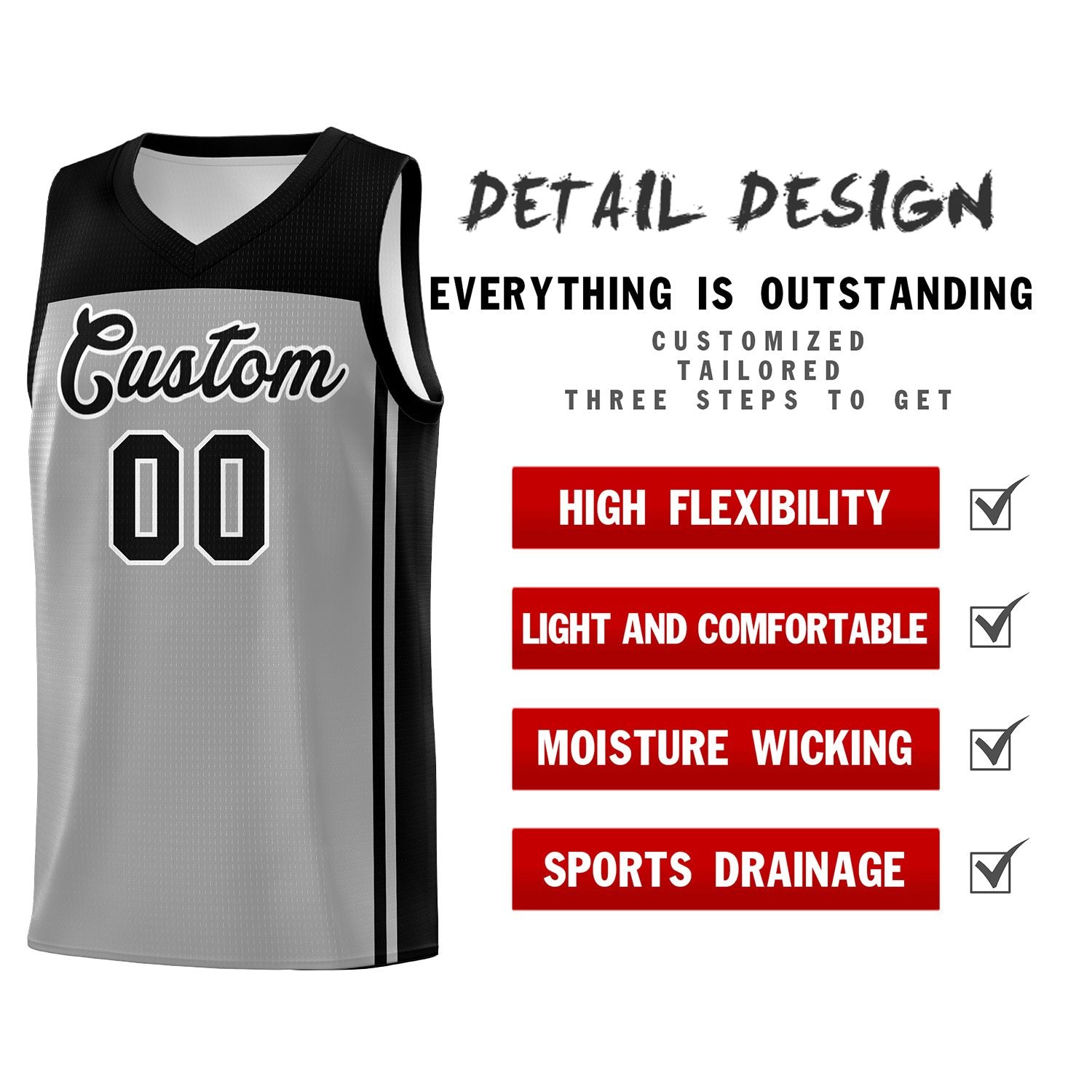 Custom Grey Black Classic Sets Sports Uniform Basketball Jersey