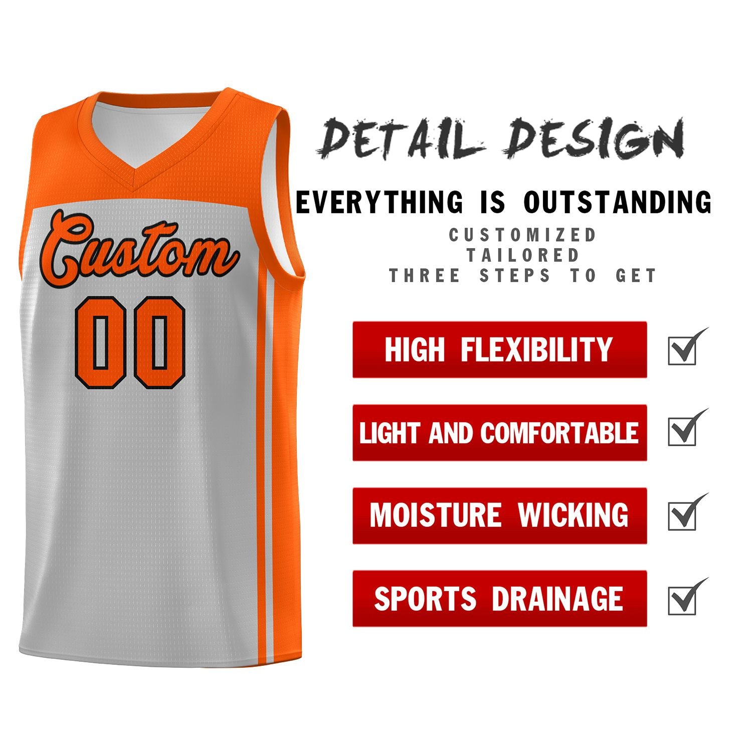 Custom Grey Orange Classic Sets Sports Uniform Basketball Jersey