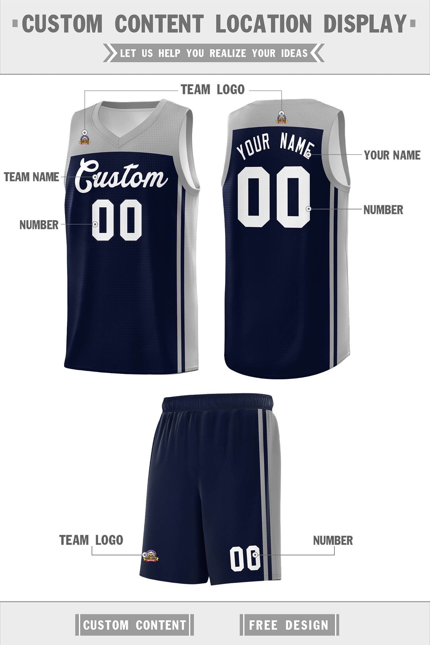 Custom Navy Grey Classic Sets Sports Uniform Basketball Jersey