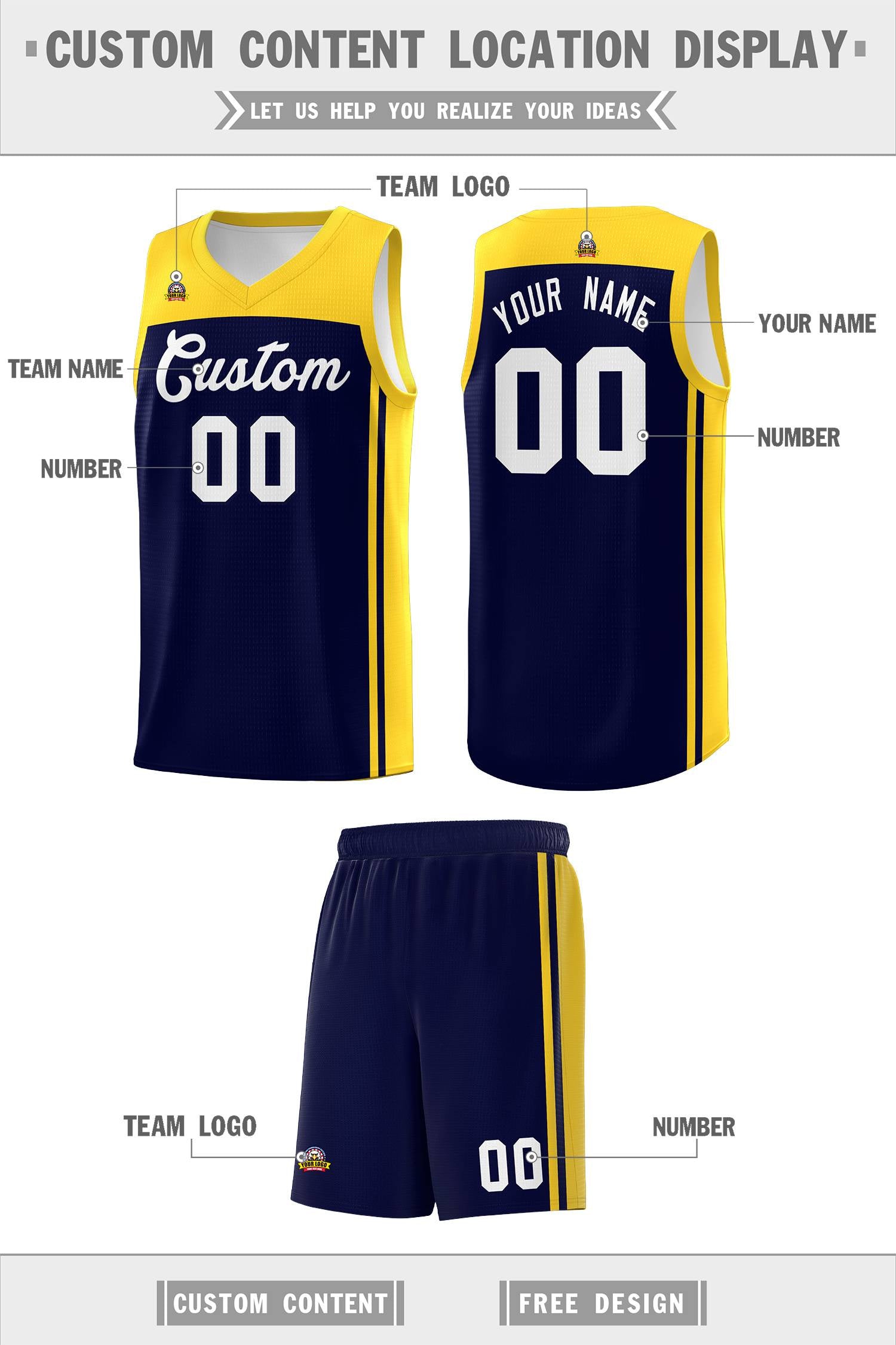 Custom Navy Gold Classic Sets Sports Uniform Basketball Jersey