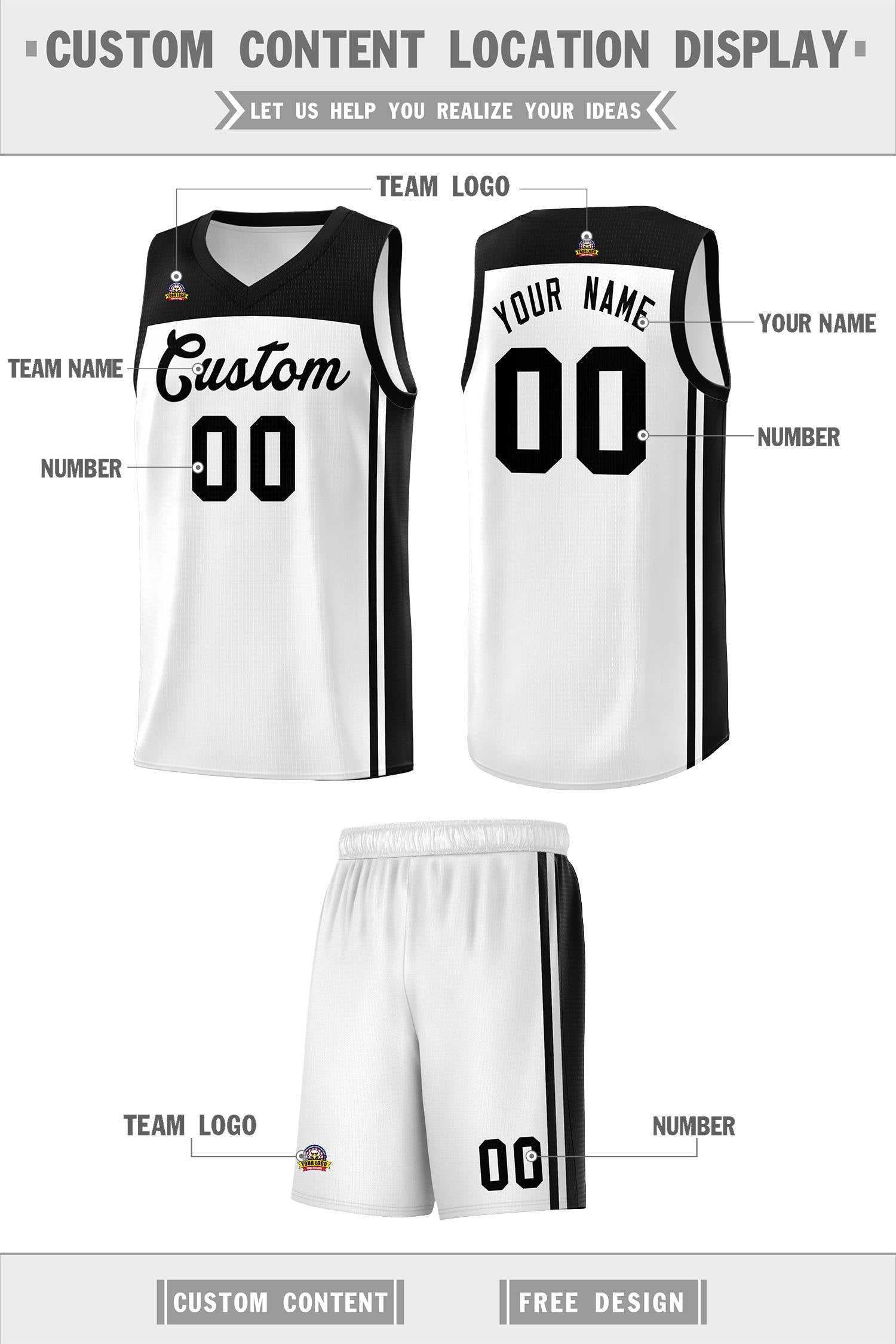 Custom White Black Classic Sets Sports Uniform Basketball Jersey