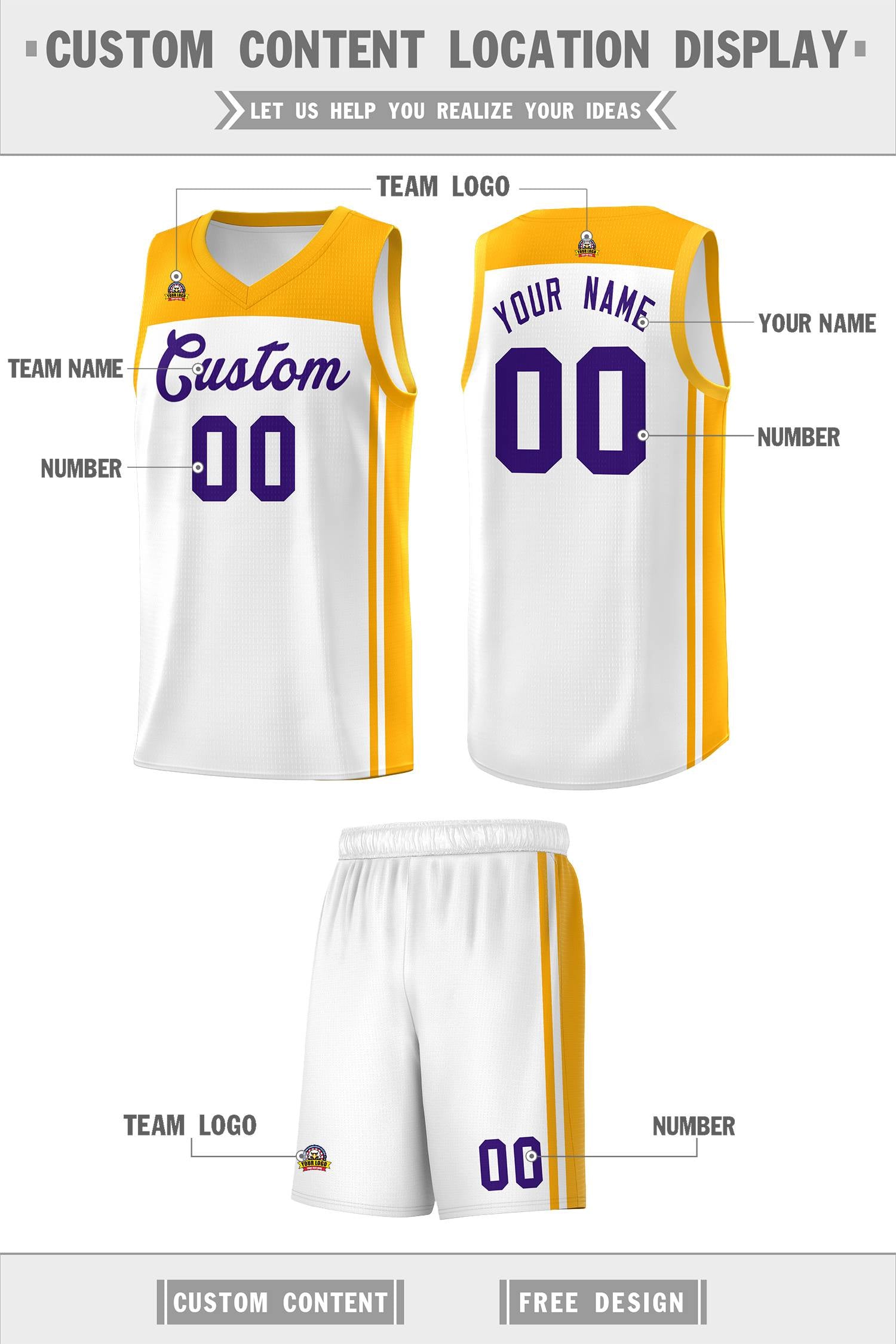 Custom White Yellow Classic Sets Sports Uniform Basketball Jersey