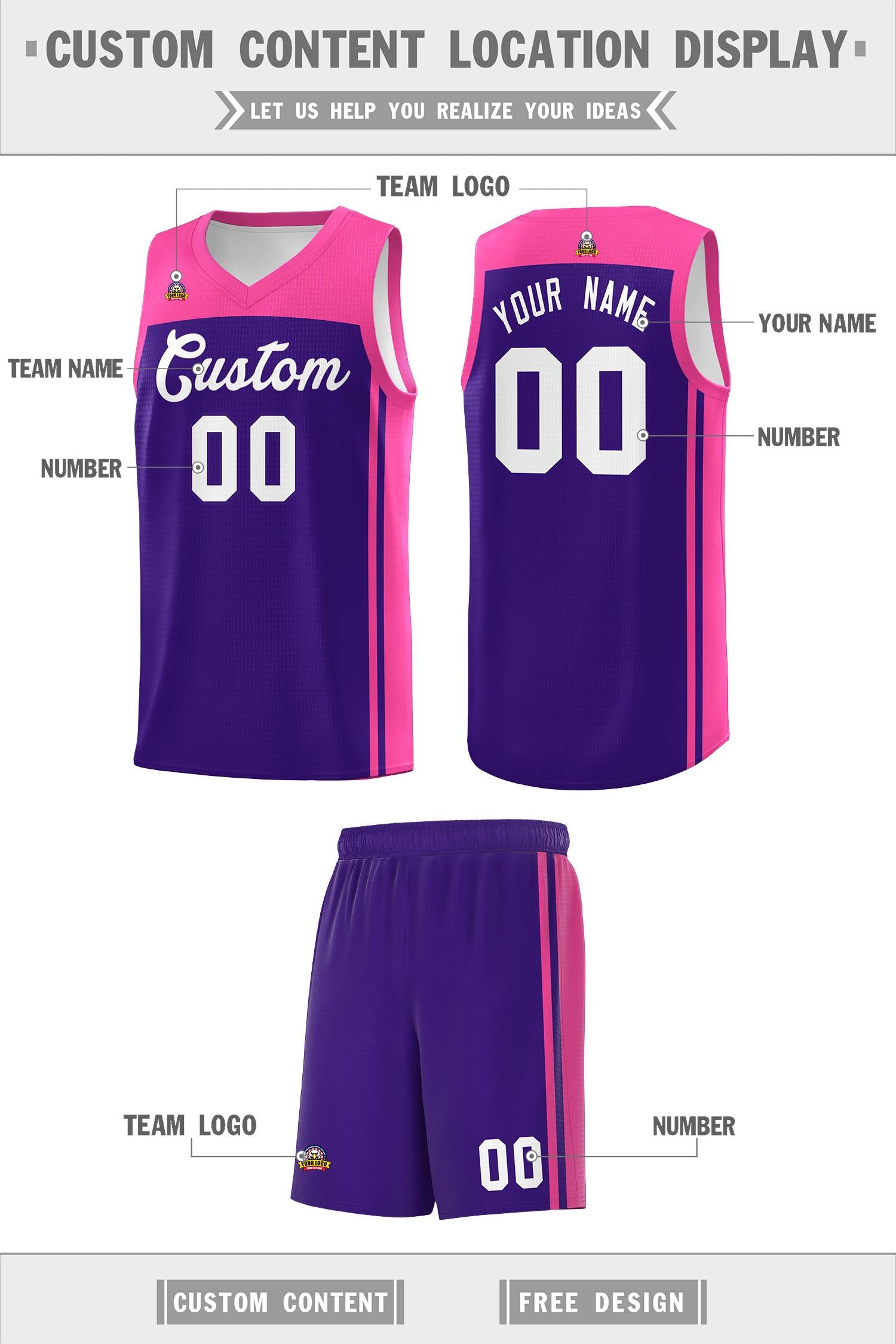 Custom Purple Pink Classic Sets Sports Uniform Basketball Jersey