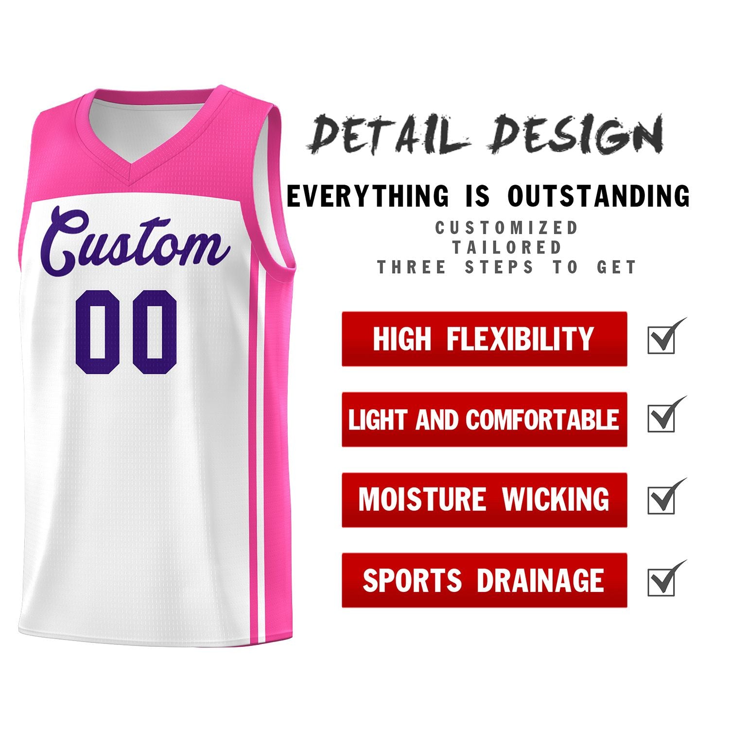 Custom White Pink Classic Sets Sports Uniform Basketball Jersey