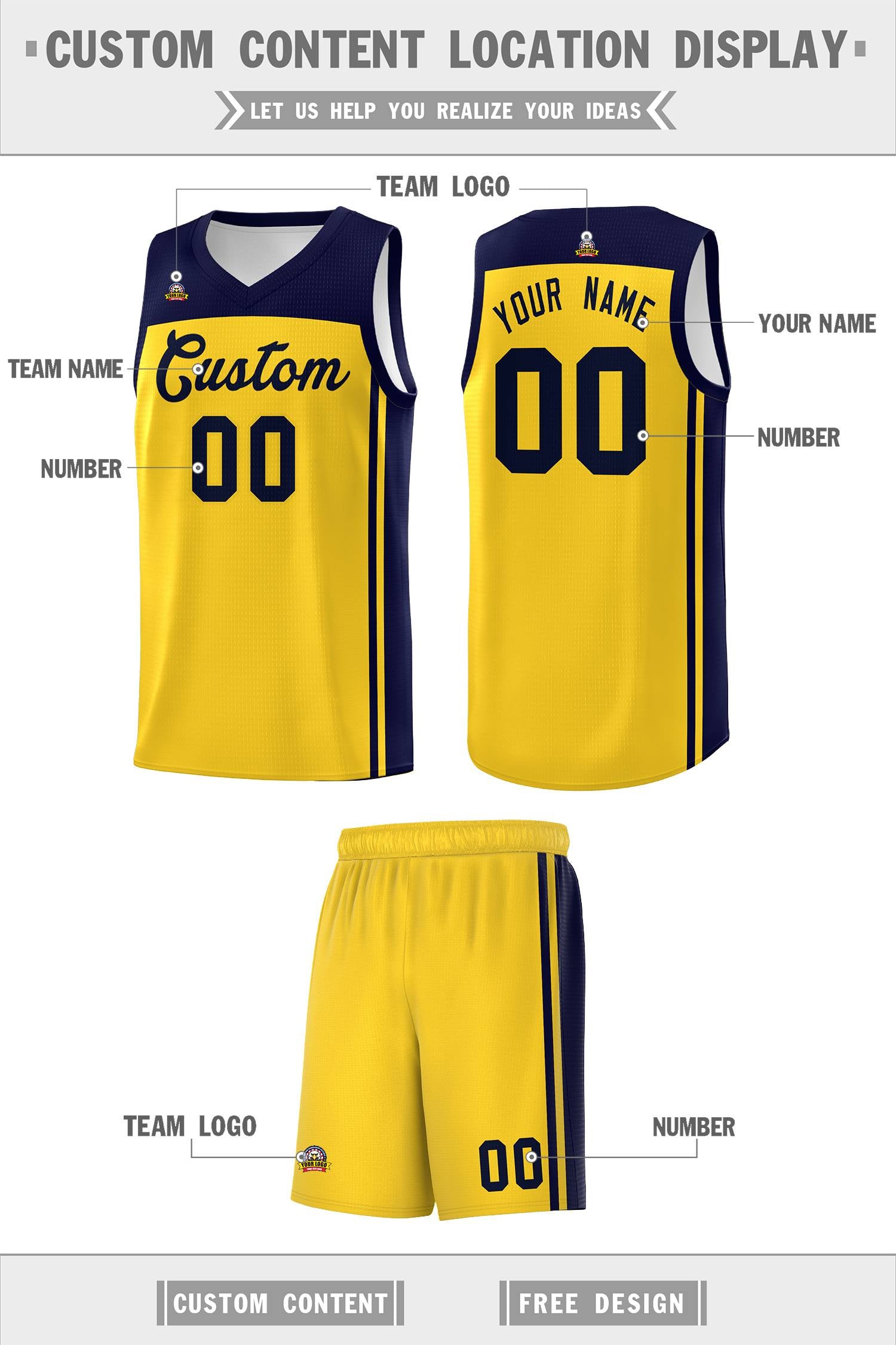 Custom Gold Navy Classic Sets Sports Uniform Basketball Jersey