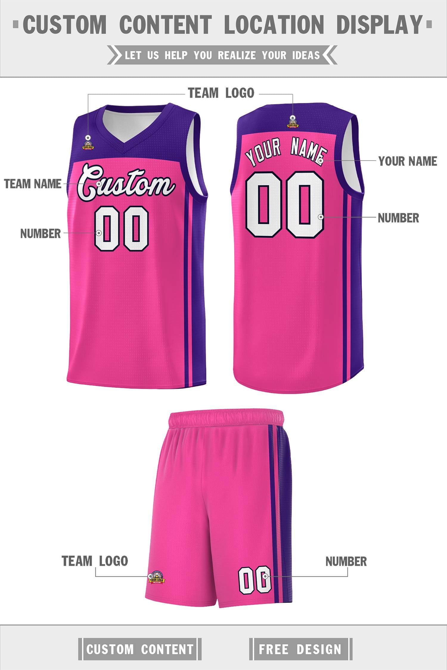 Custom Pink Purple Classic Sets Sports Uniform Basketball Jersey