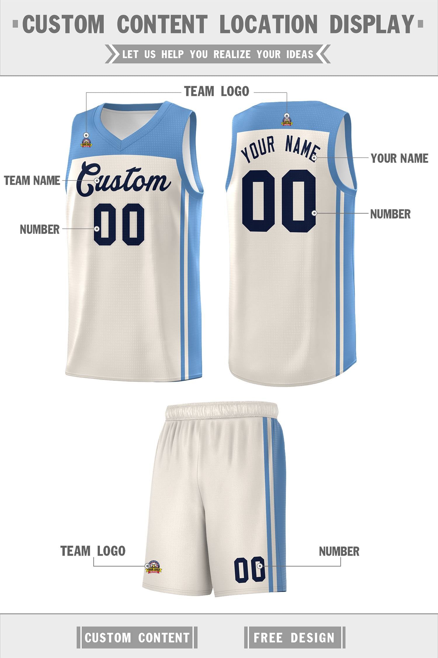 Custom Cream Light Blue Classic Sets Sports Uniform Basketball Jersey