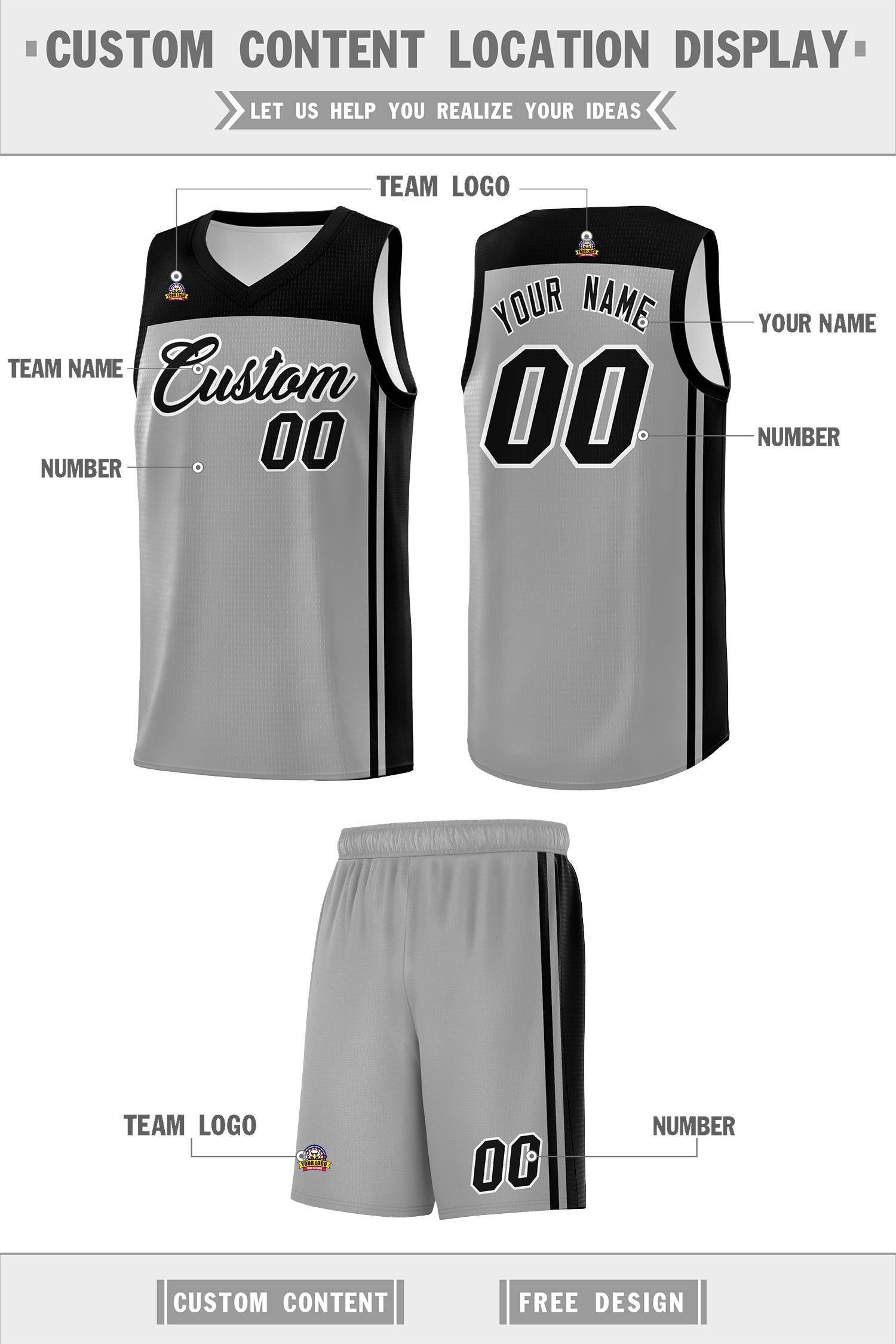 Custom Grey Black Classic Sets Sports Uniform Basketball Jersey