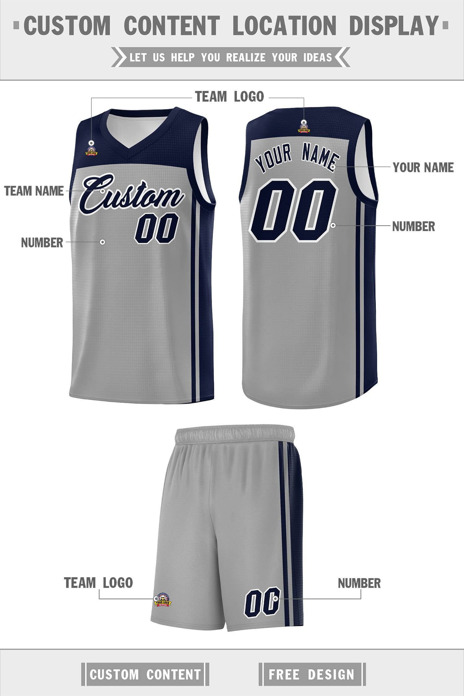 Custom Grey Navy Classic Sets Sports Uniform Basketball Jersey