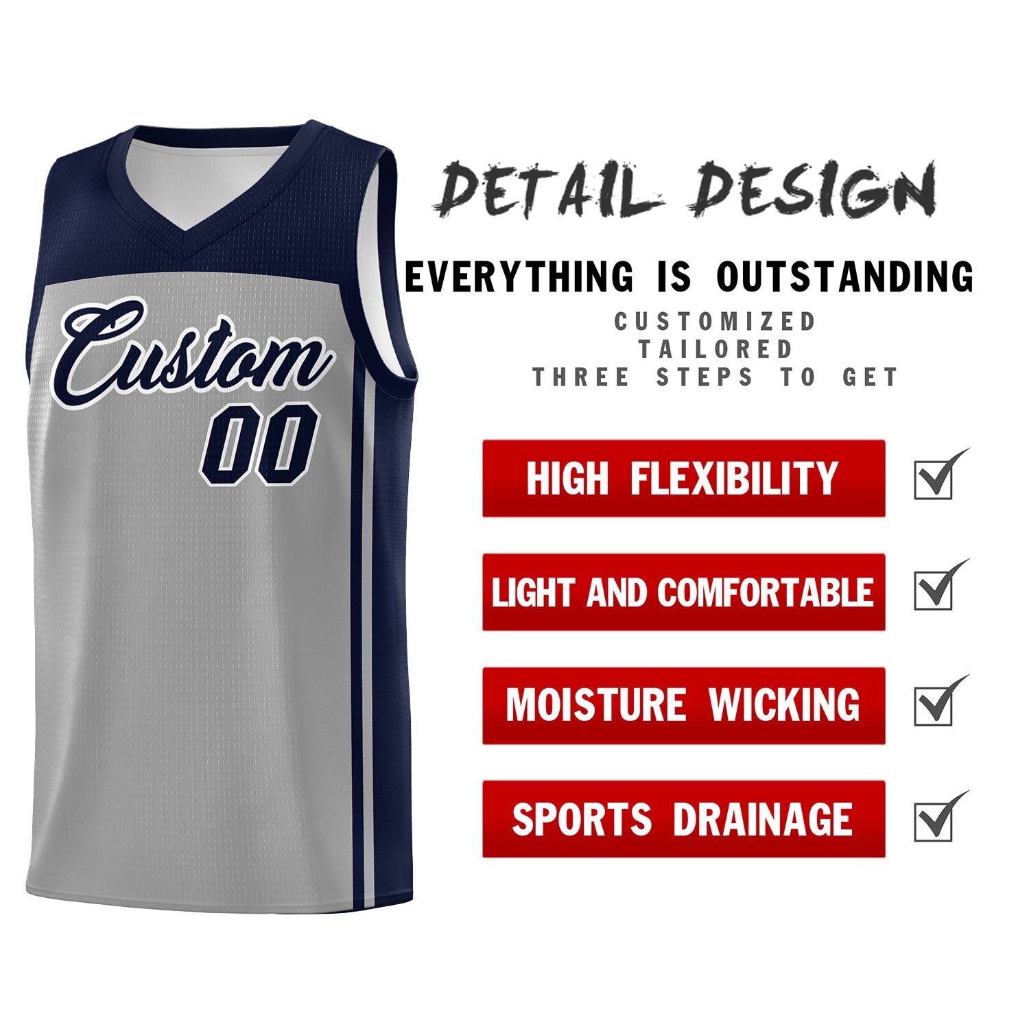 Custom Grey Navy Classic Sets Sports Uniform Basketball Jersey