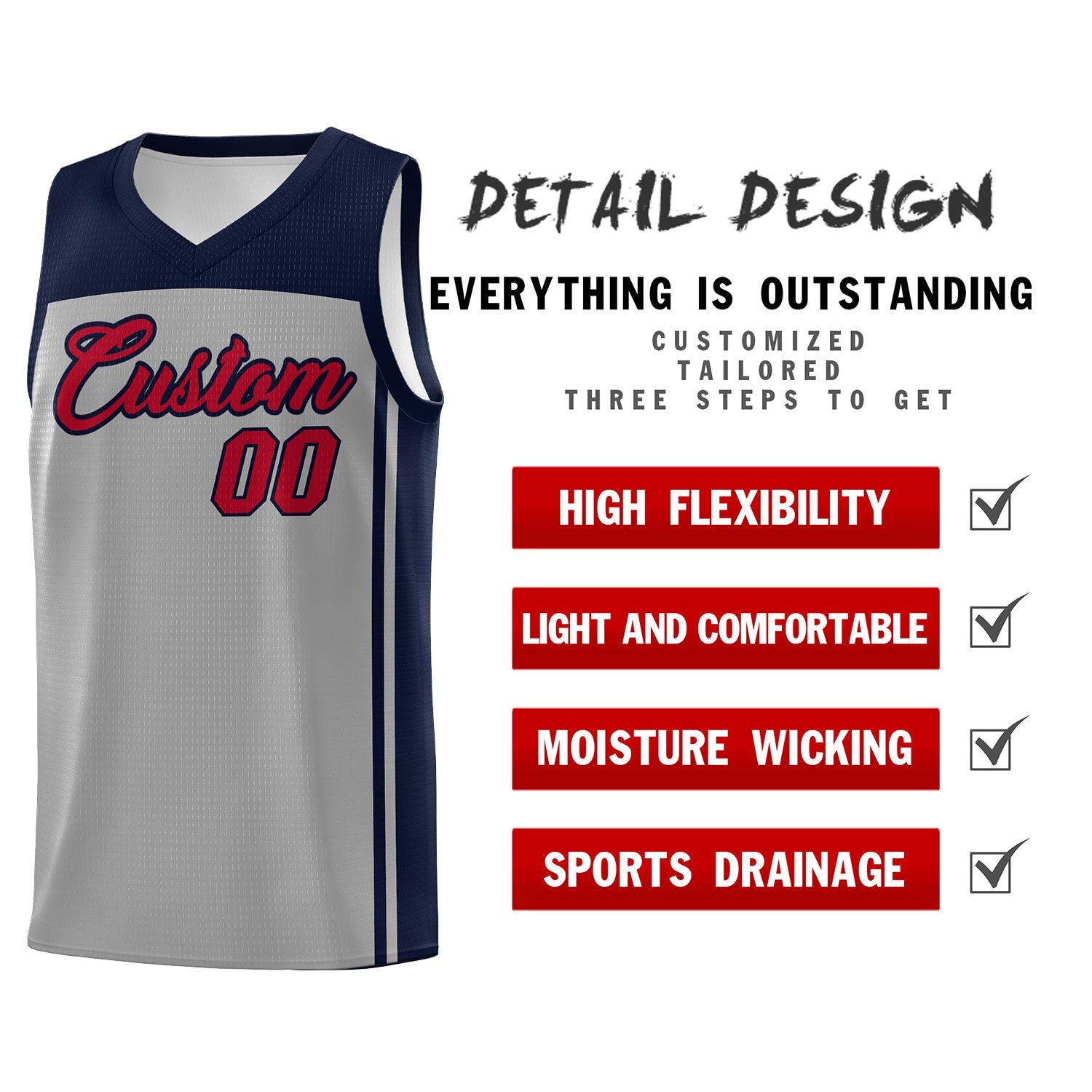 Custom Grey Navy Classic Sets Sports Uniform Basketball Jersey