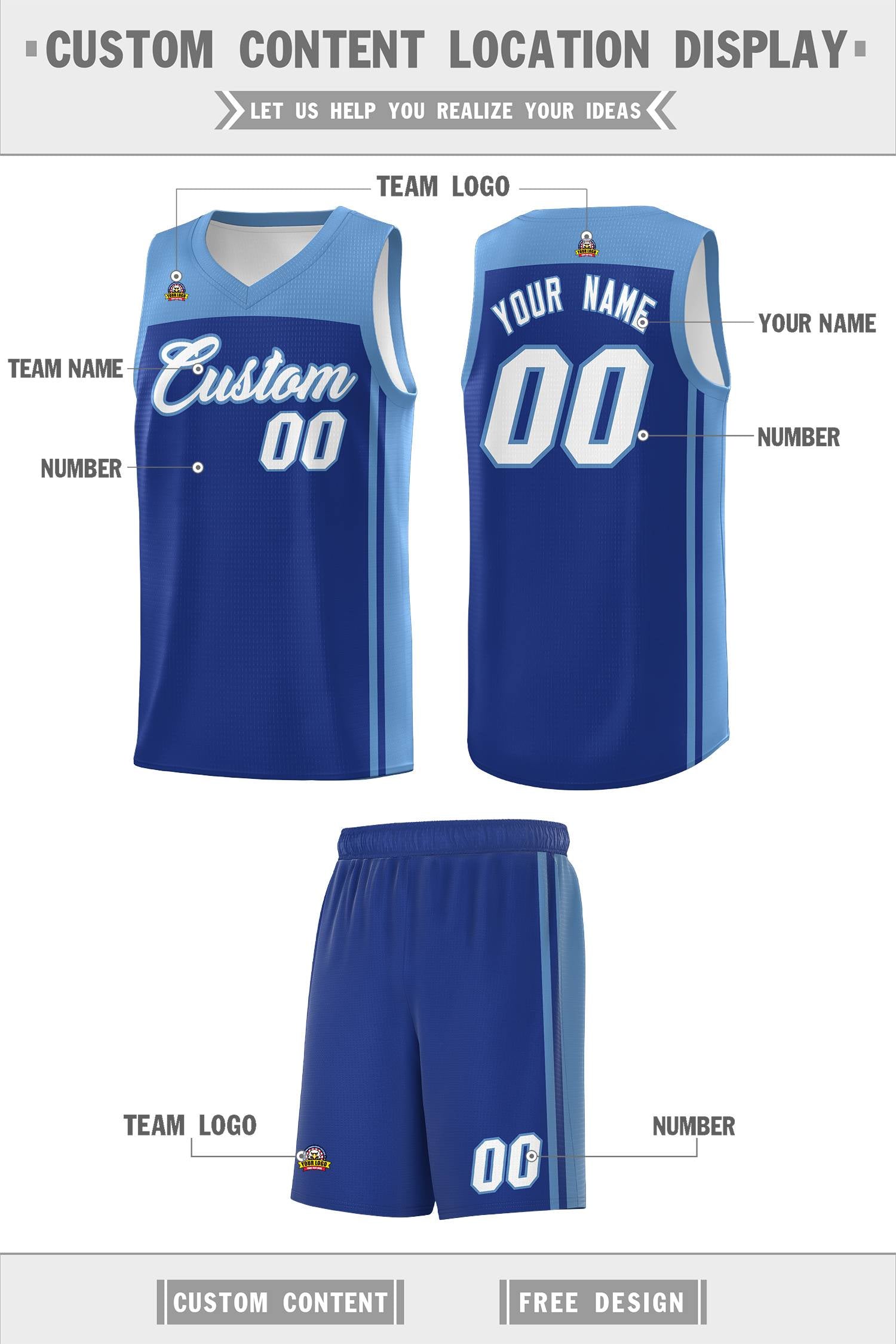 Custom Royal Light Blue Classic Sets Sports Uniform Basketball Jersey