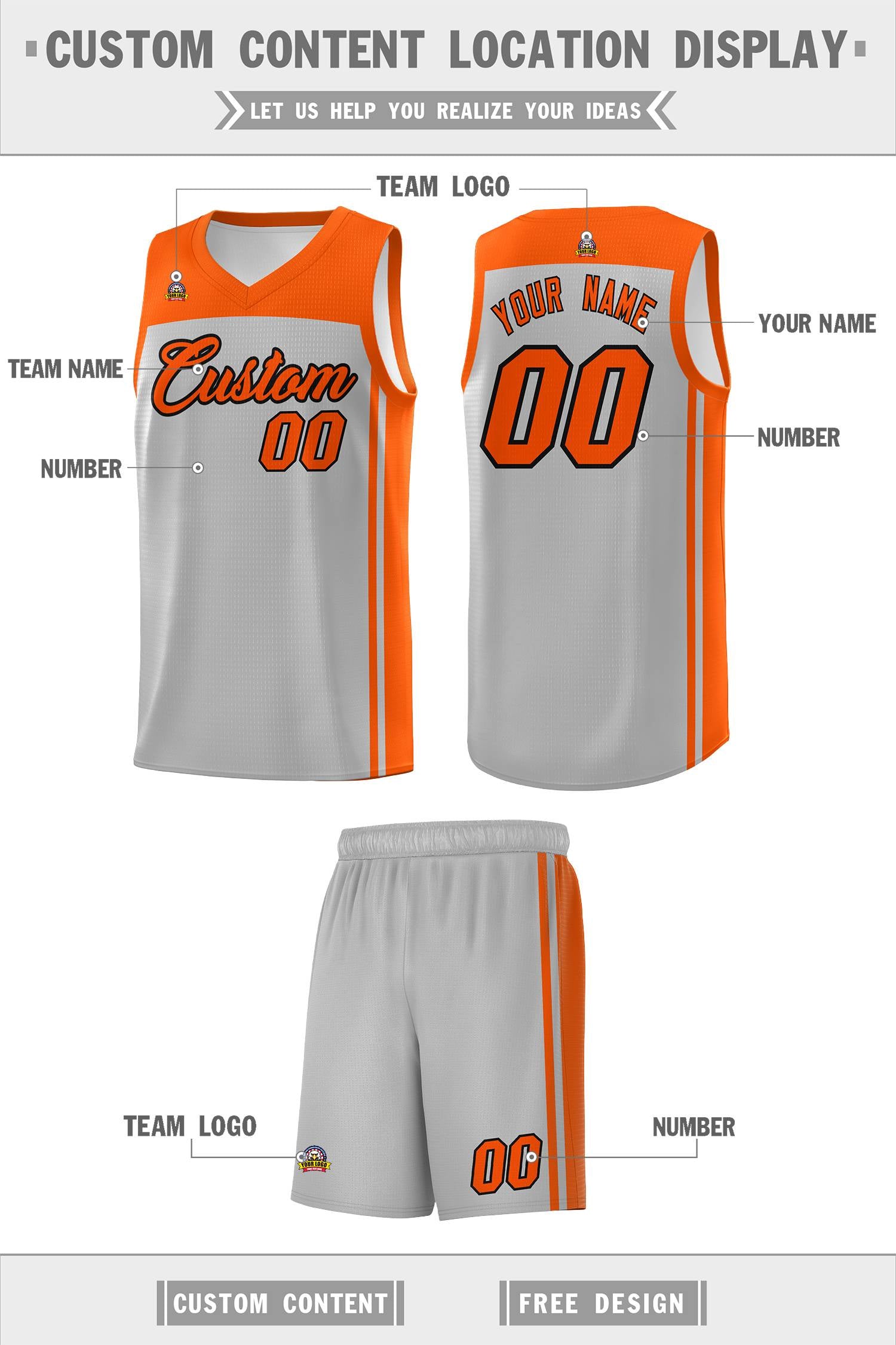 Custom Grey Orange Classic Sets Sports Uniform Basketball Jersey