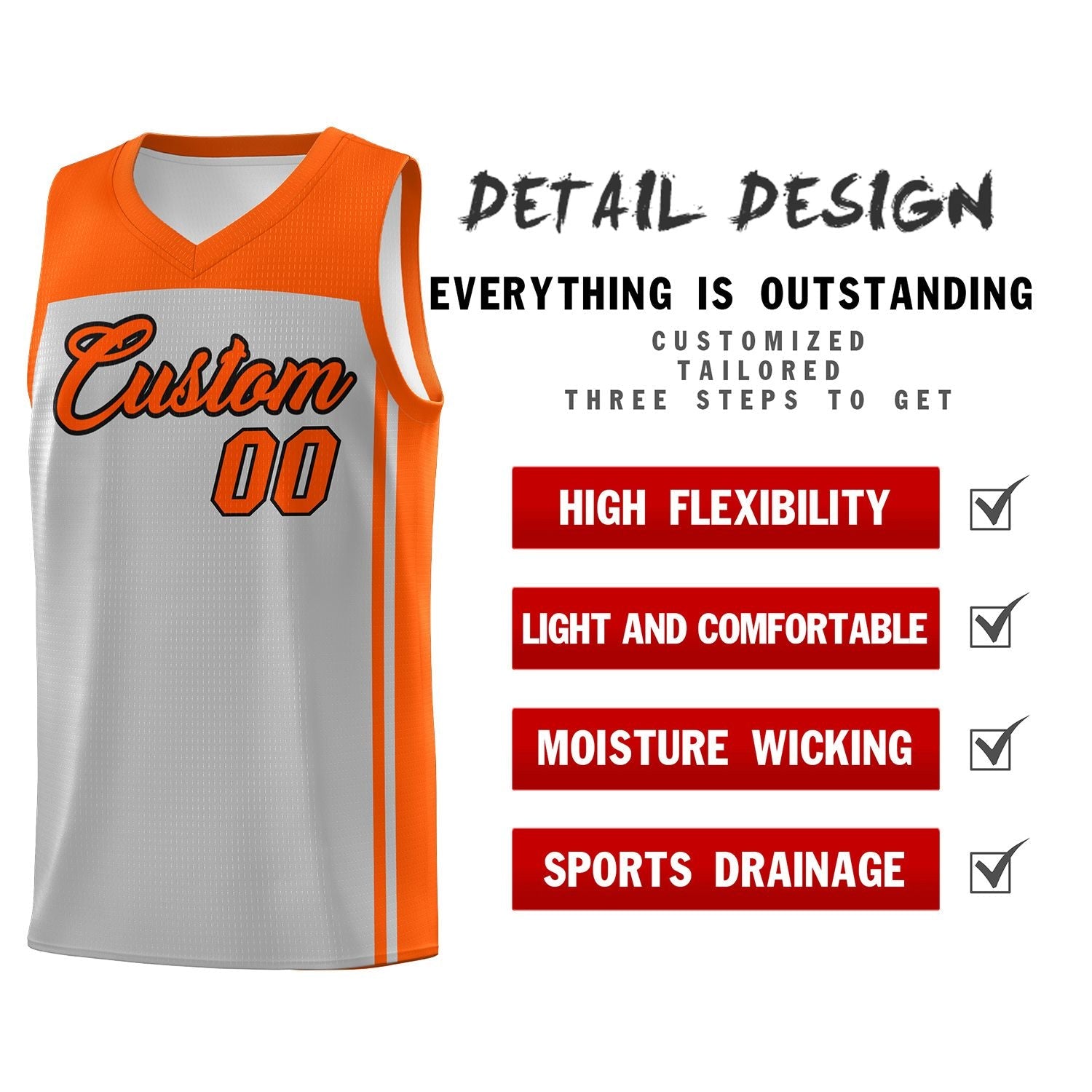 Custom Grey Orange Classic Sets Sports Uniform Basketball Jersey