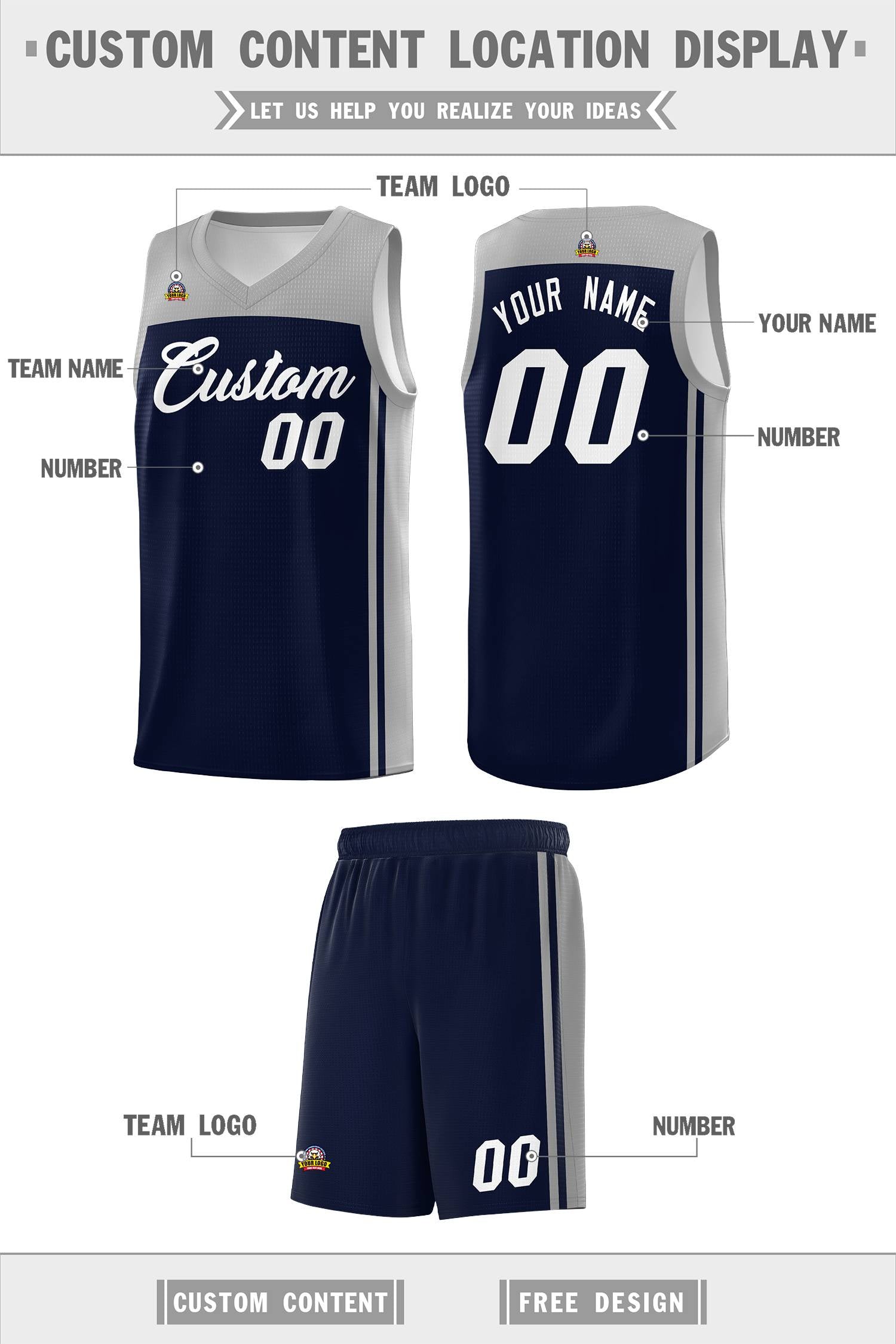 Custom Navy Grey Classic Sets Sports Uniform Basketball Jersey