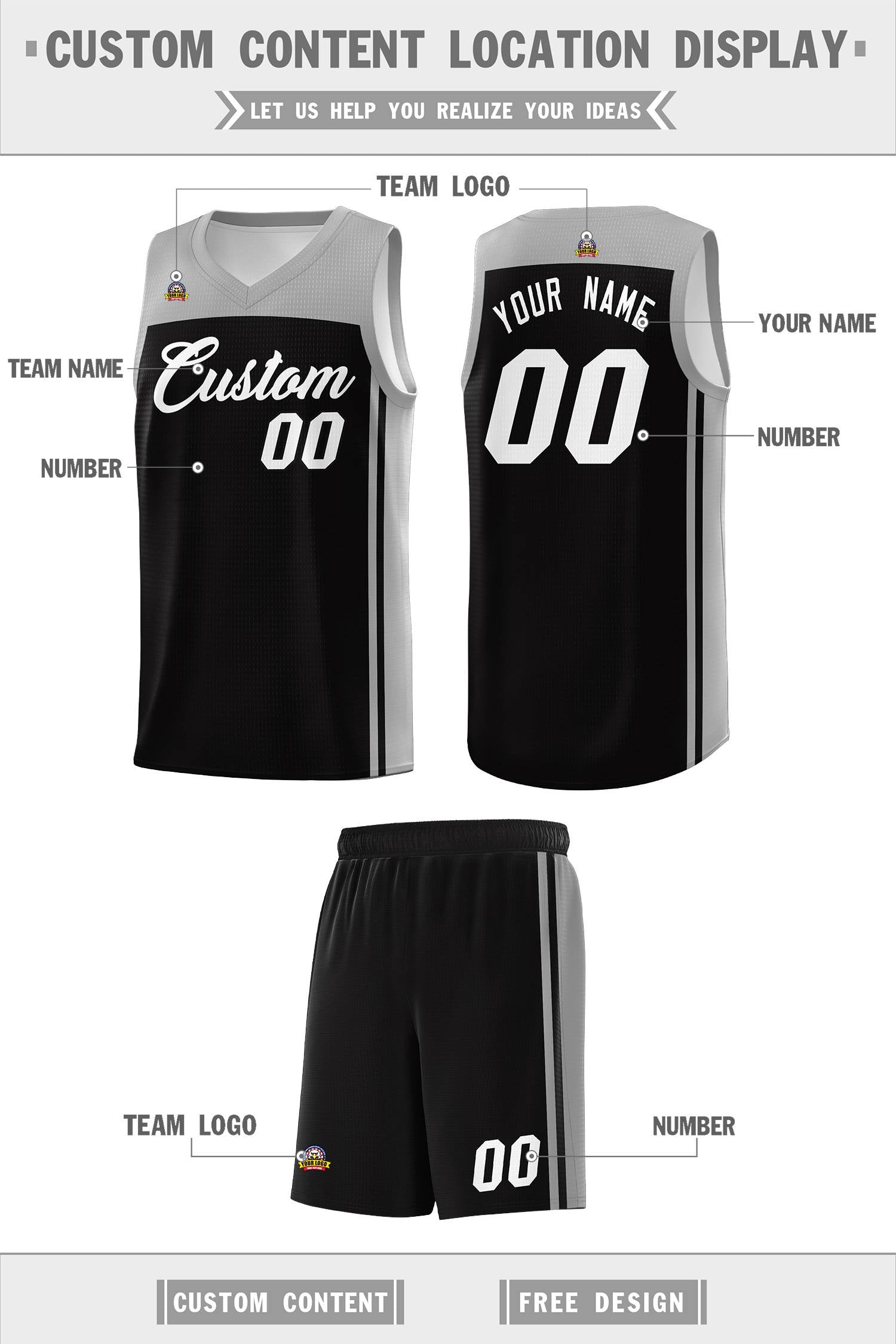 Custom Black Grey Classic Sets Sports Uniform Basketball Jersey