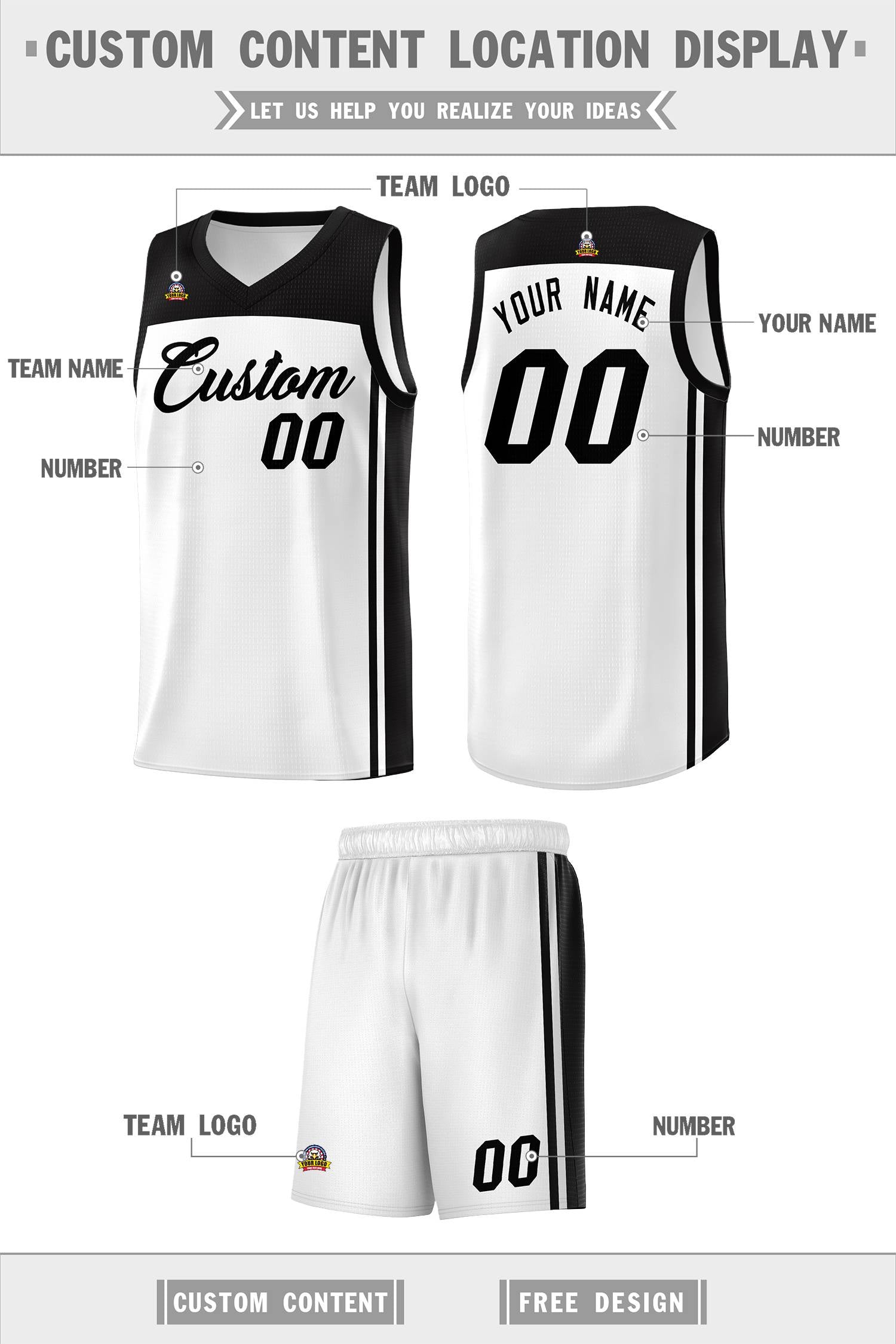 Custom White Black Classic Sets Sports Uniform Basketball Jersey