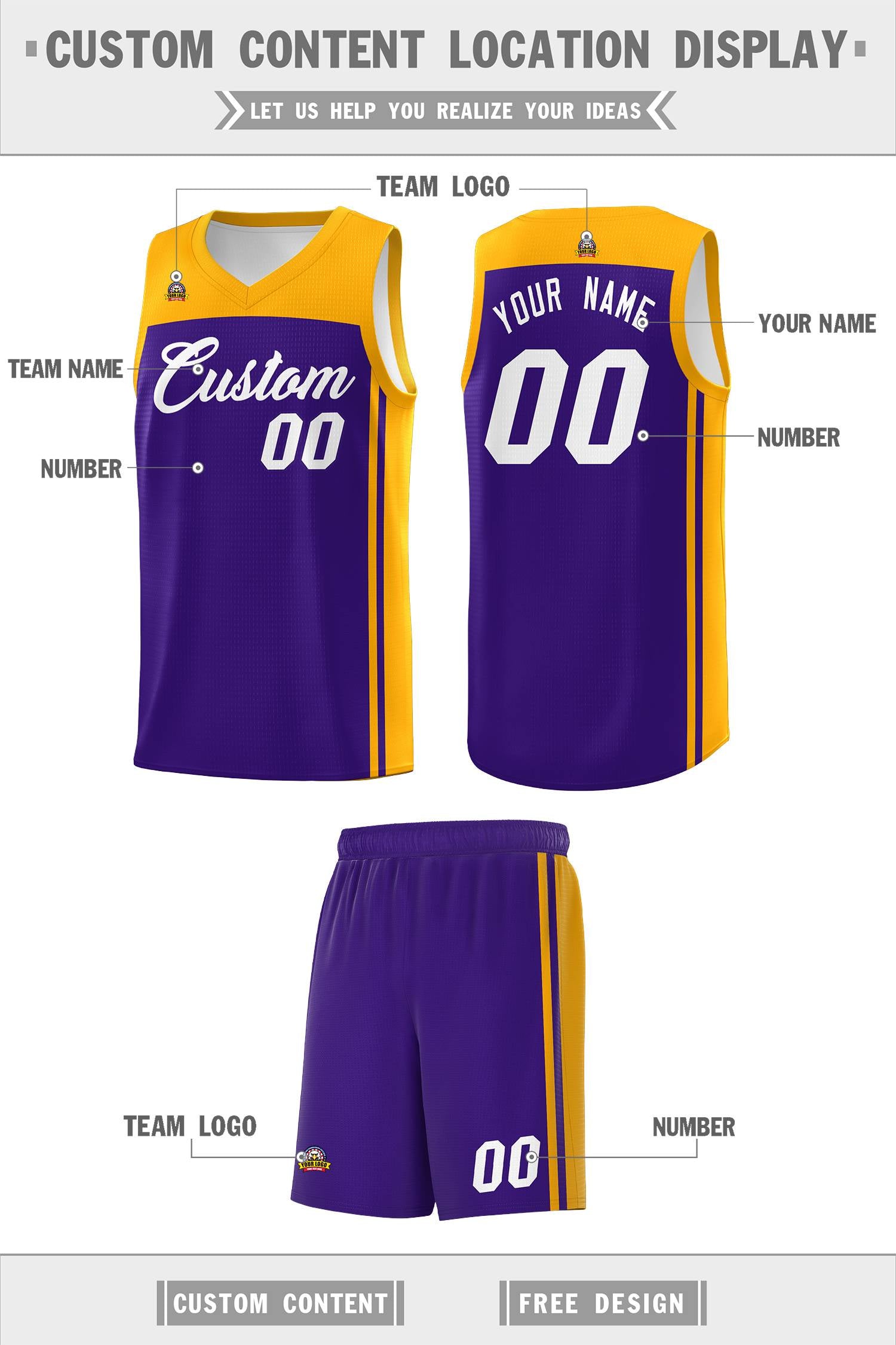 Custom Purple Yellow Classic Sets Sports Uniform Basketball Jersey