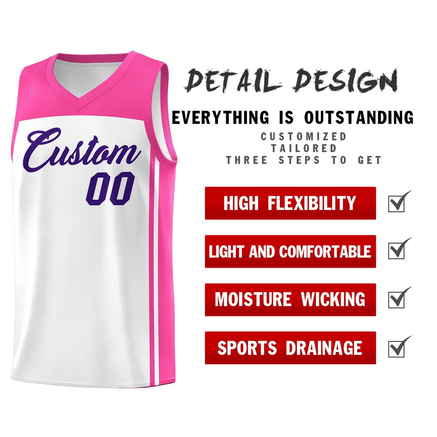 Custom White Pink Classic Sets Sports Uniform Basketball Jersey