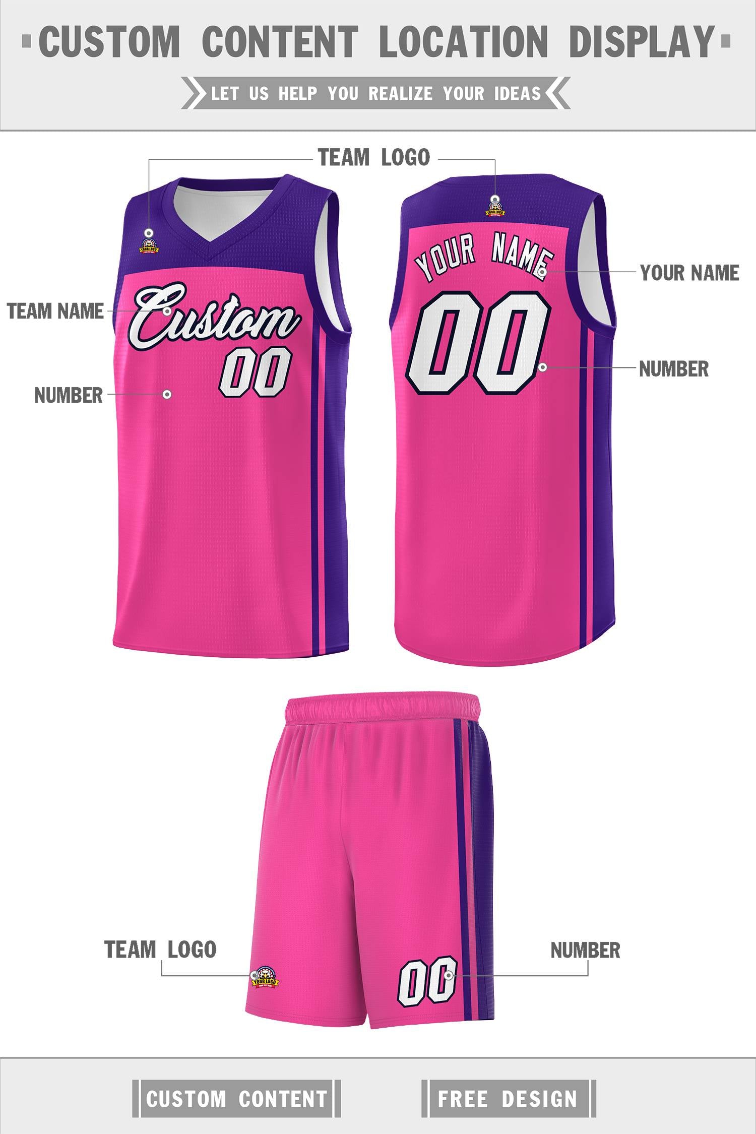 Custom Pink Purple Classic Sets Sports Uniform Basketball Jersey