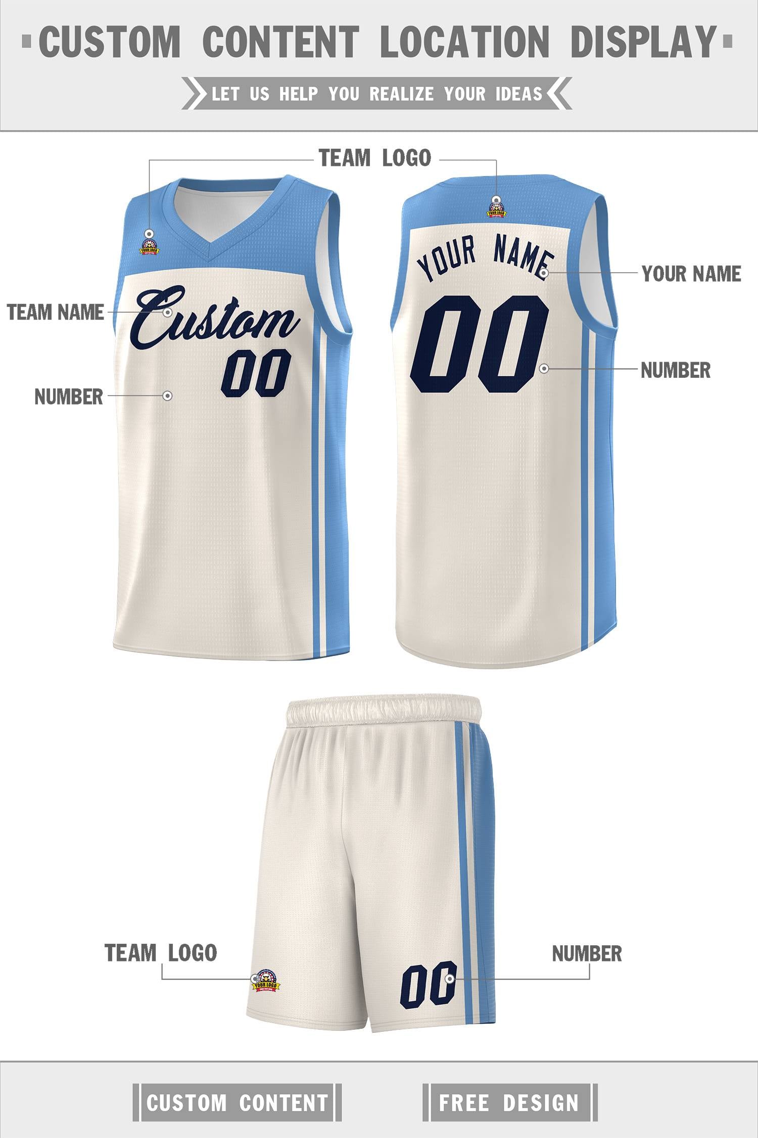 Custom Cream Light Blue Classic Sets Sports Uniform Basketball Jersey