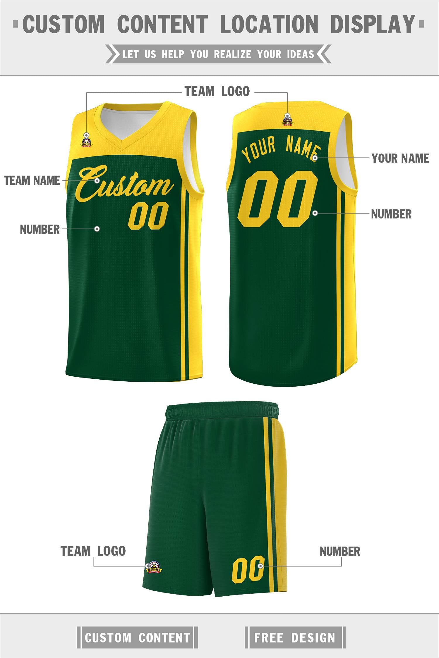 Custom Green Gold Classic Sets Sports Uniform Basketball Jersey