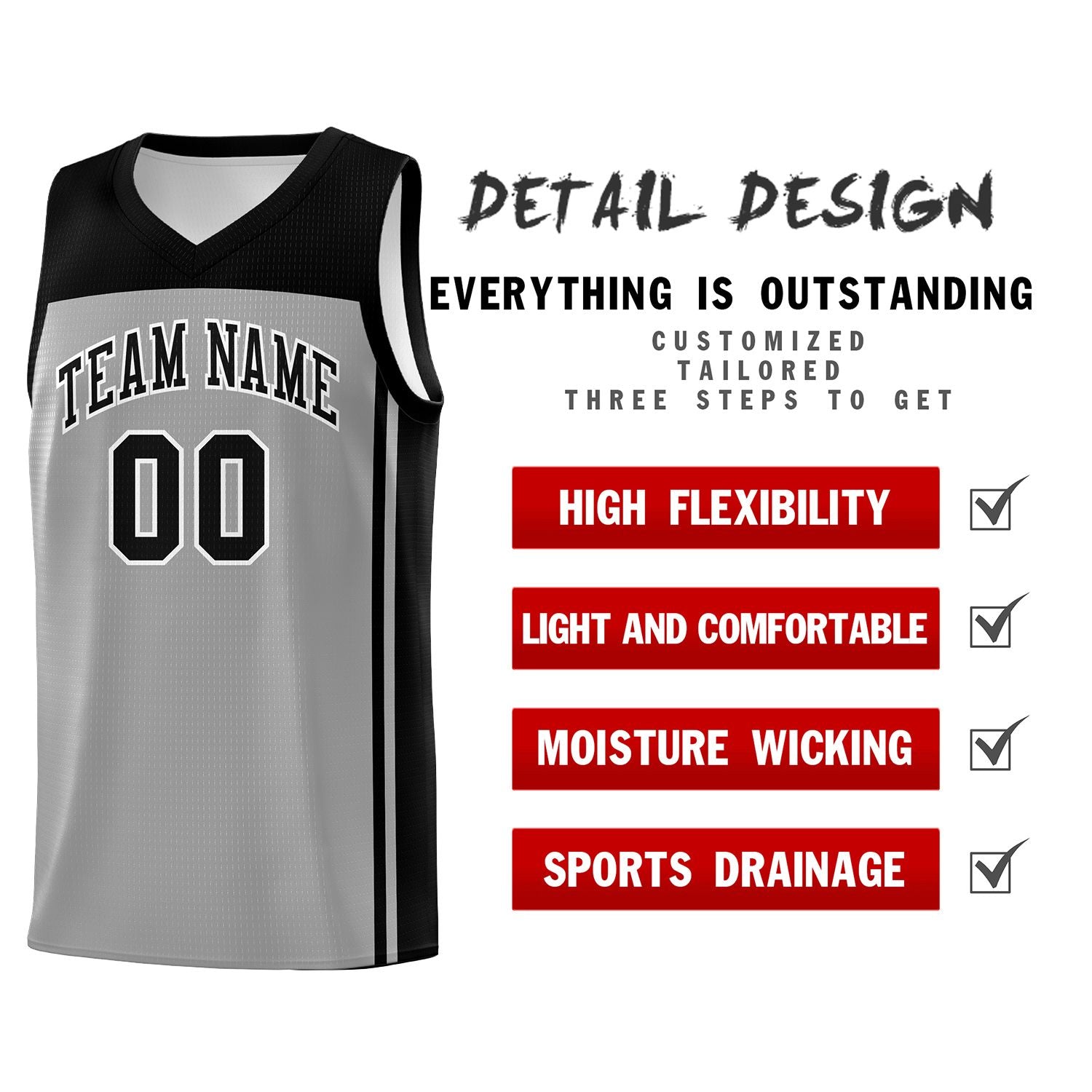 Custom Grey Black Classic Sets Sports Uniform Basketball Jersey