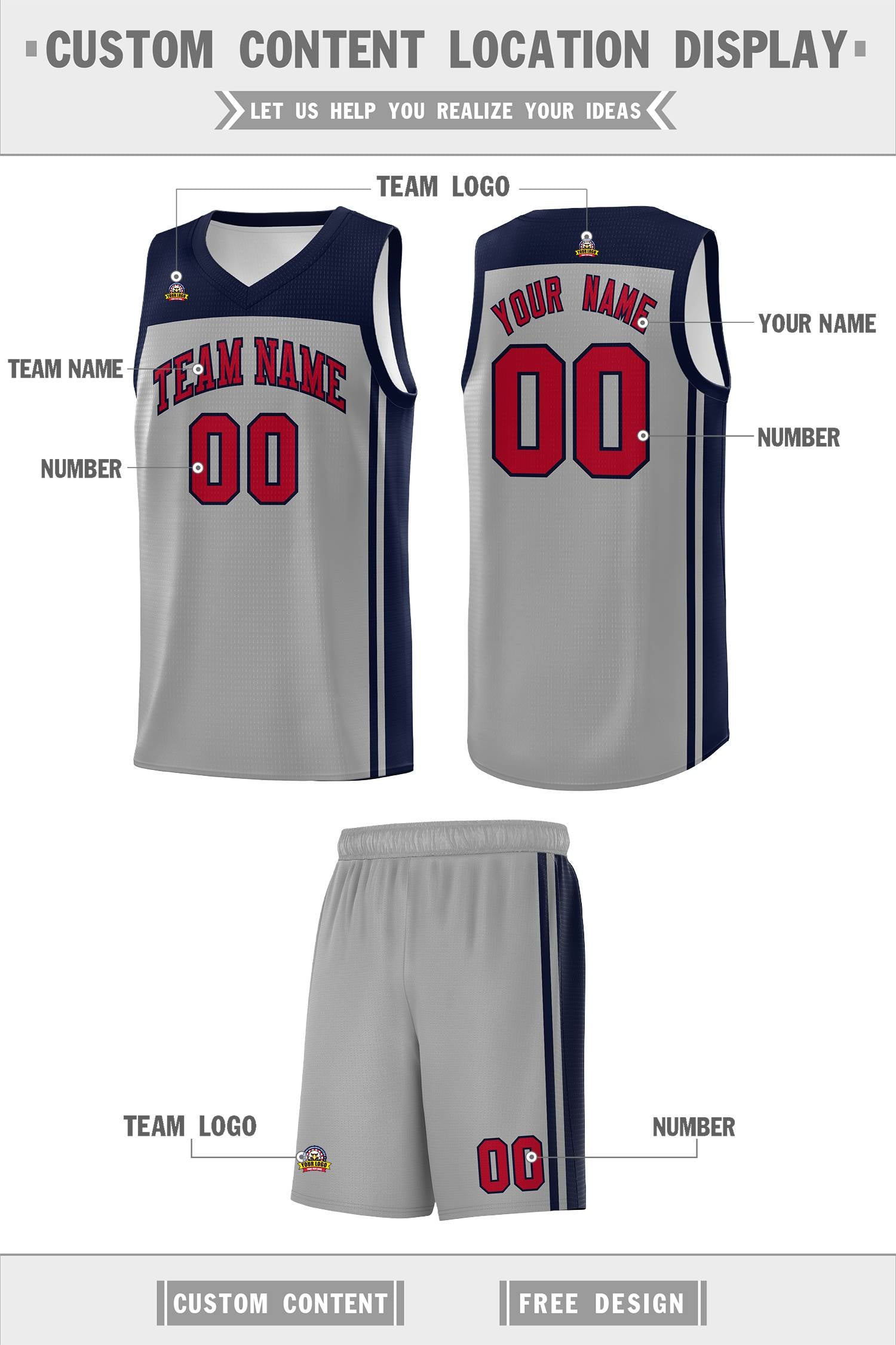 Custom Grey Navy Classic Sets Sports Uniform Basketball Jersey